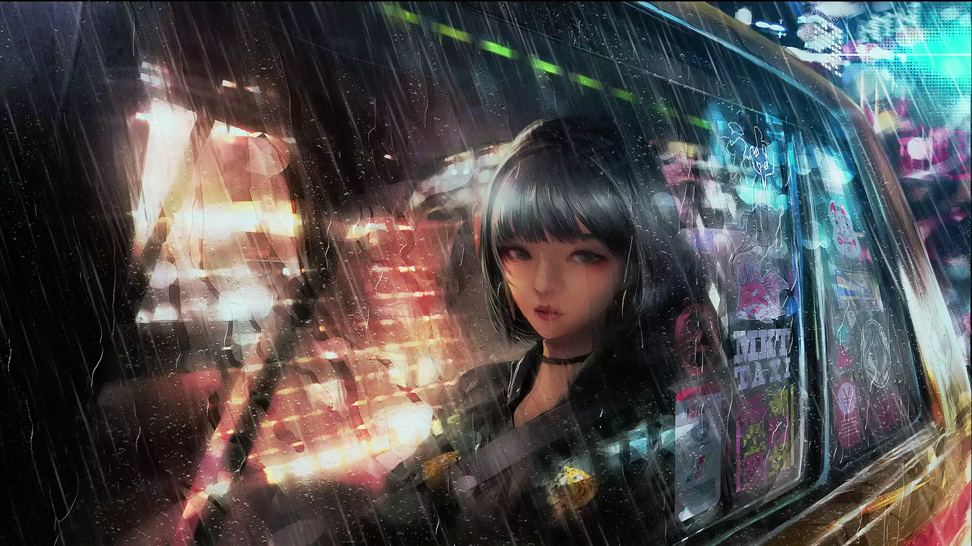 anime, arts, cities, trip, anime girls, the city at night, night, rain Live Wallpaper