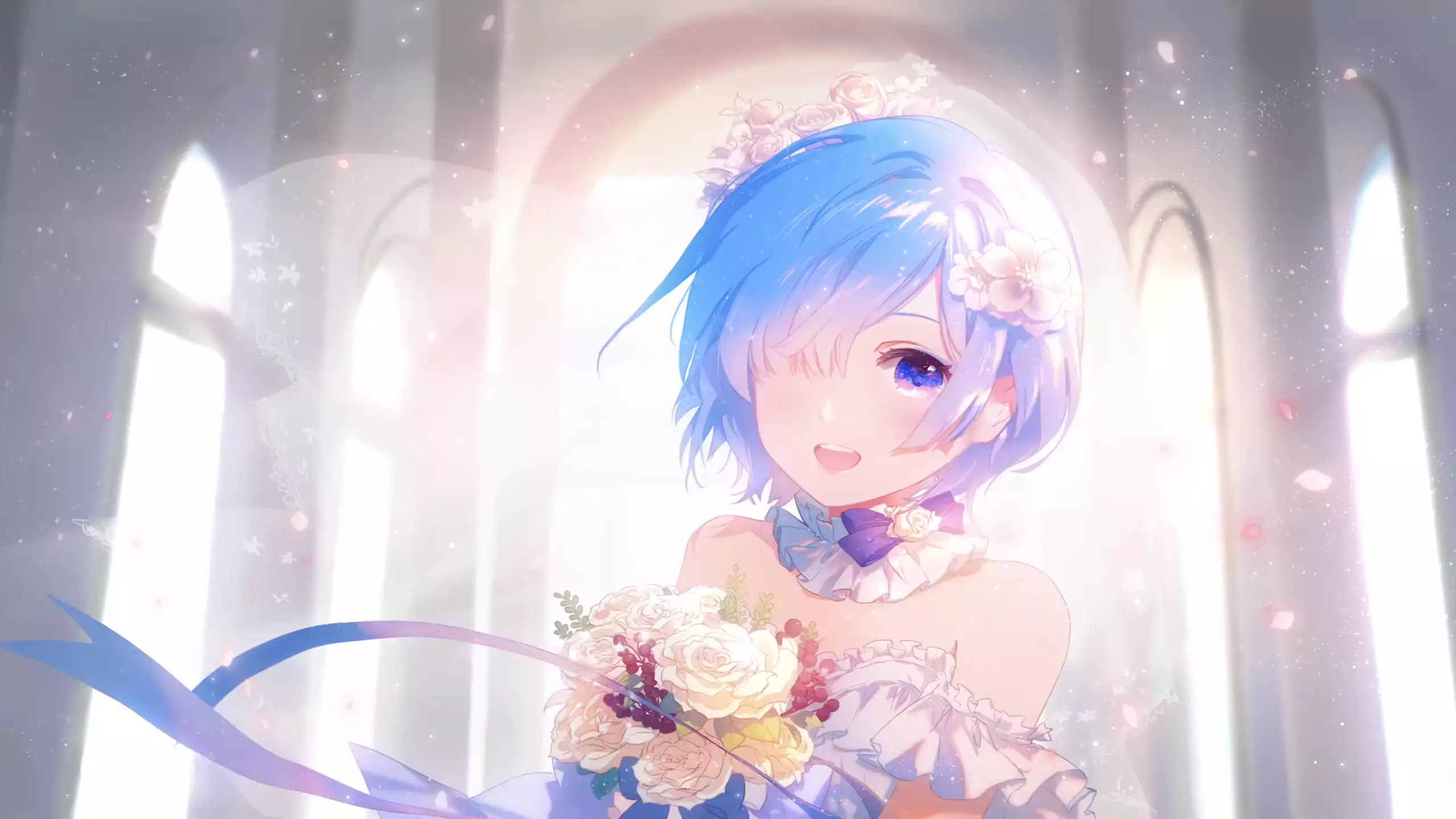 arts, wedding dress, anime girls, anime, flowers, rem, petals, re:zero, wedding Live Wallpaper