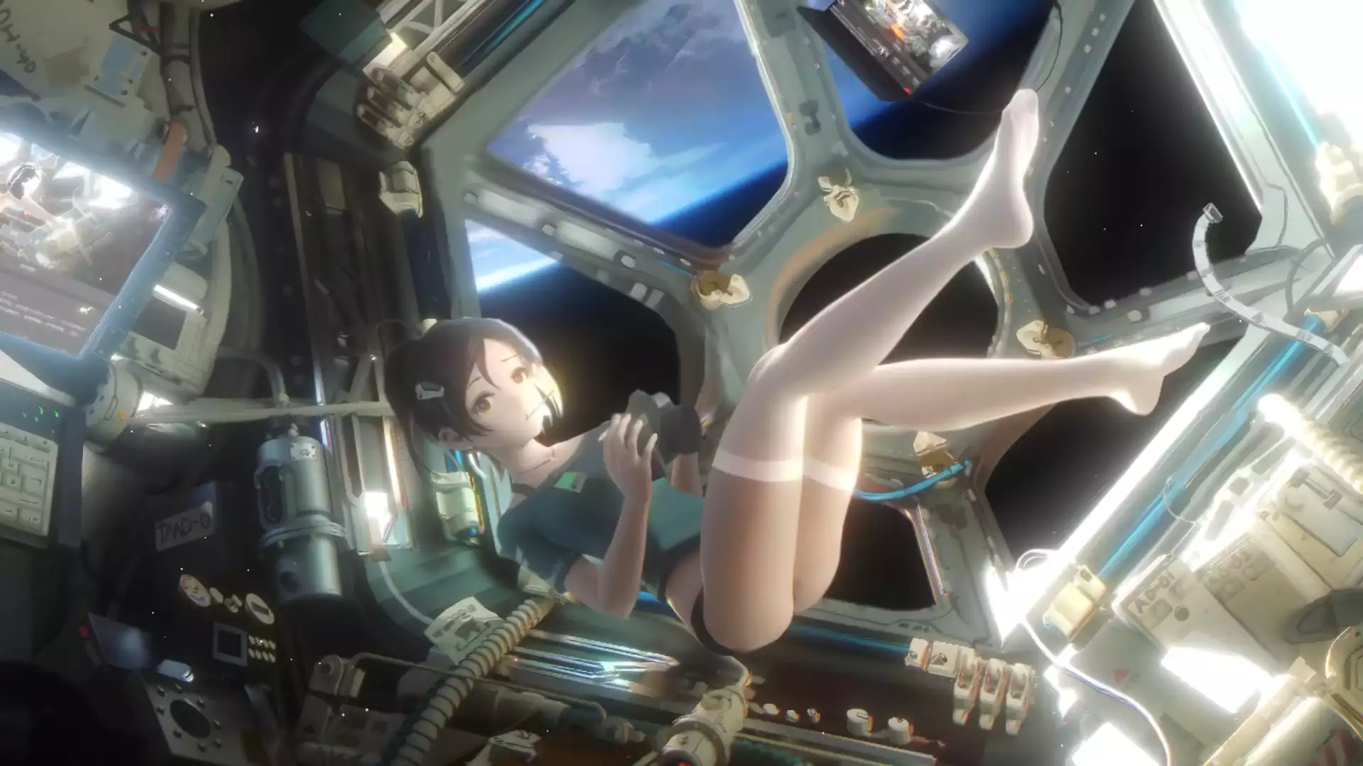 stockings, arts, weightlessness, anime girls, graphics, space, anime, space station Live Wallpaper