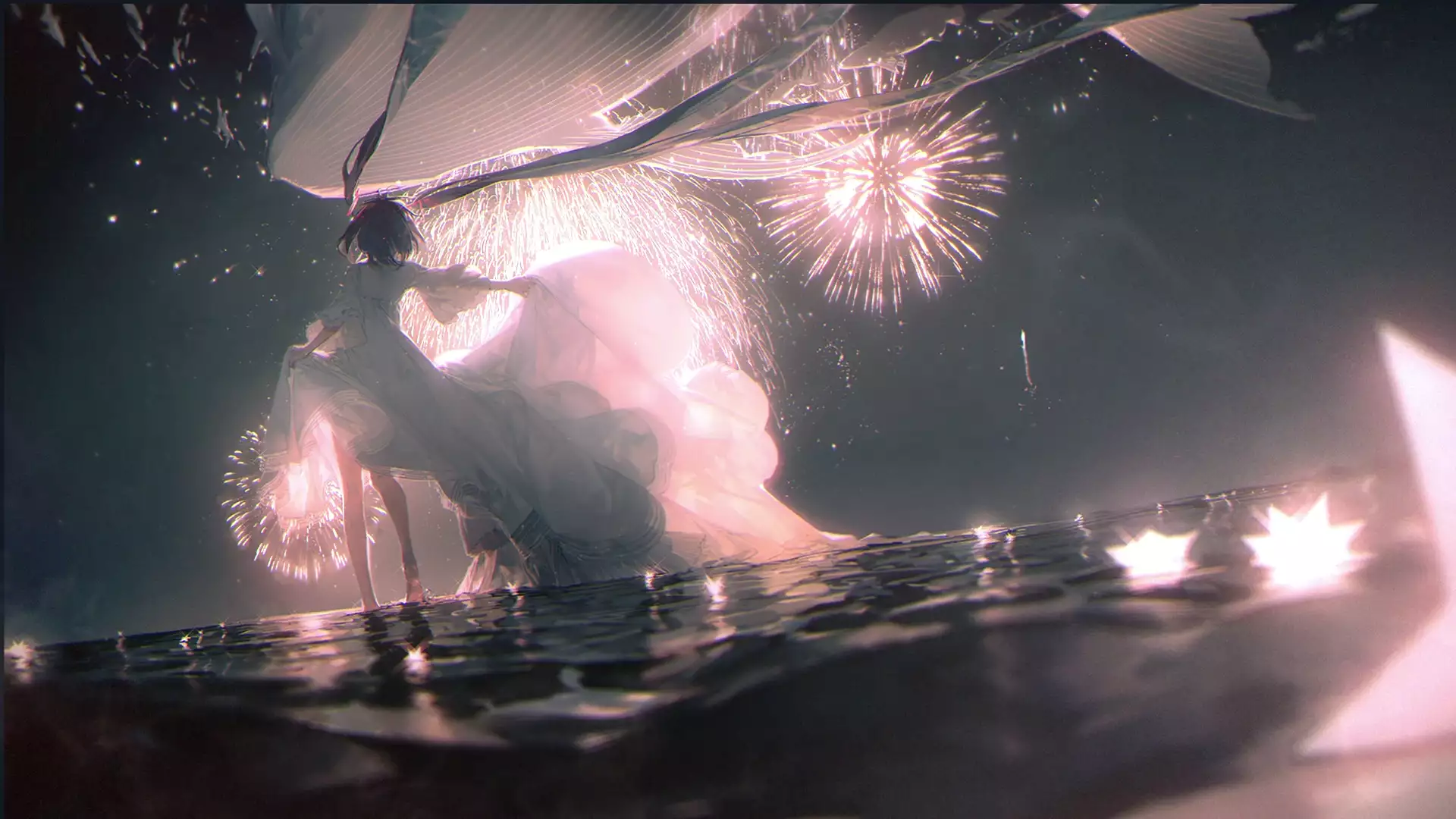 reflection, anime, night, arts, dress, firework, anime girls, water Live Wallpaper