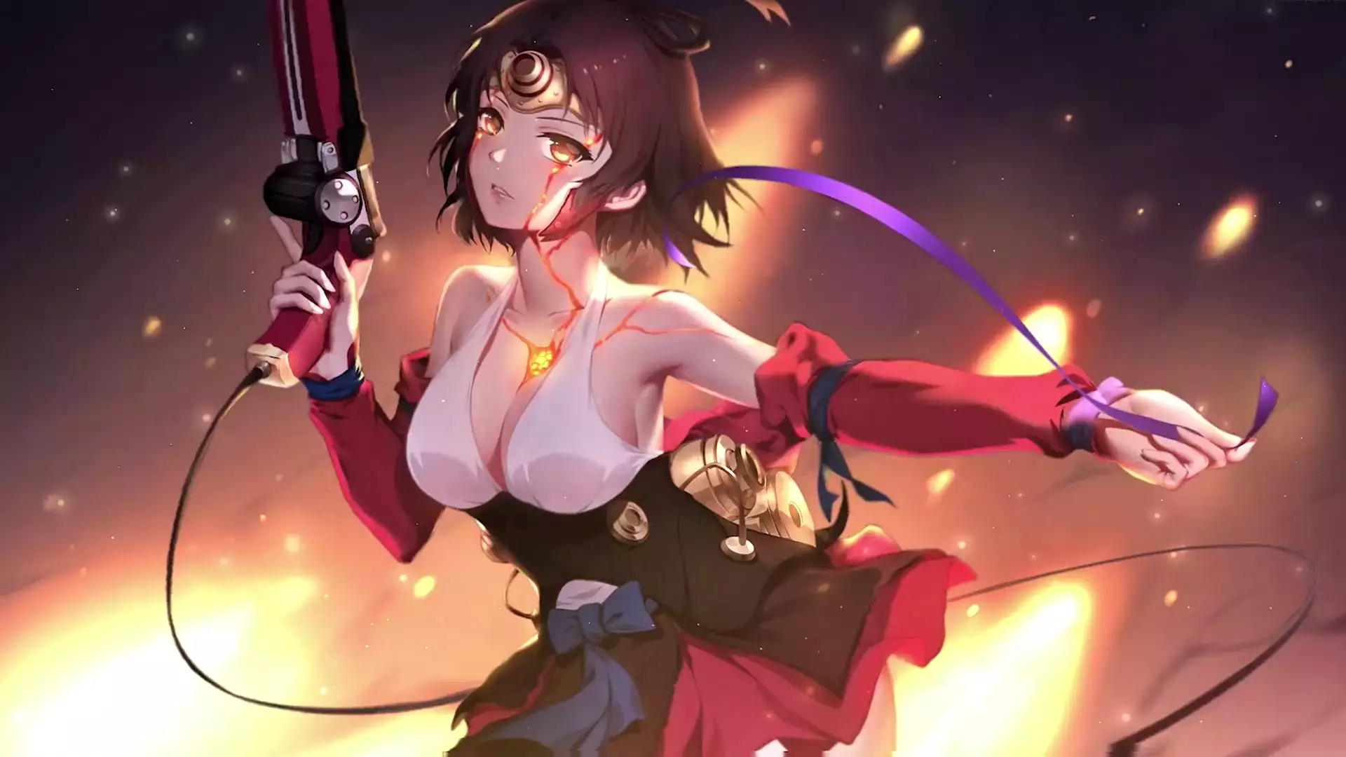 arts, mumei, big breasts, kabaneri of the iron fortress, fire, weapon, anime girls, anime Live Wallpaper