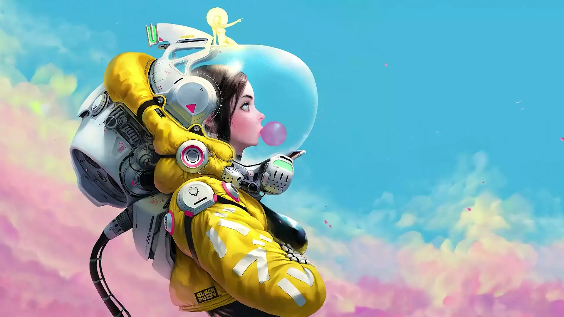 anime girls, sky, arts, anime, space suit, the clouds Live Wallpaper