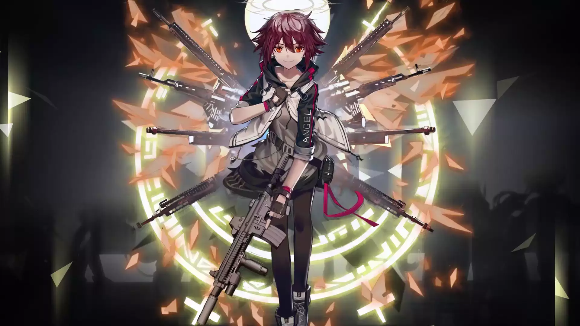 arknights, anime girls, anime, arts, exusiai, halo, tights, weapon Live Wallpaper