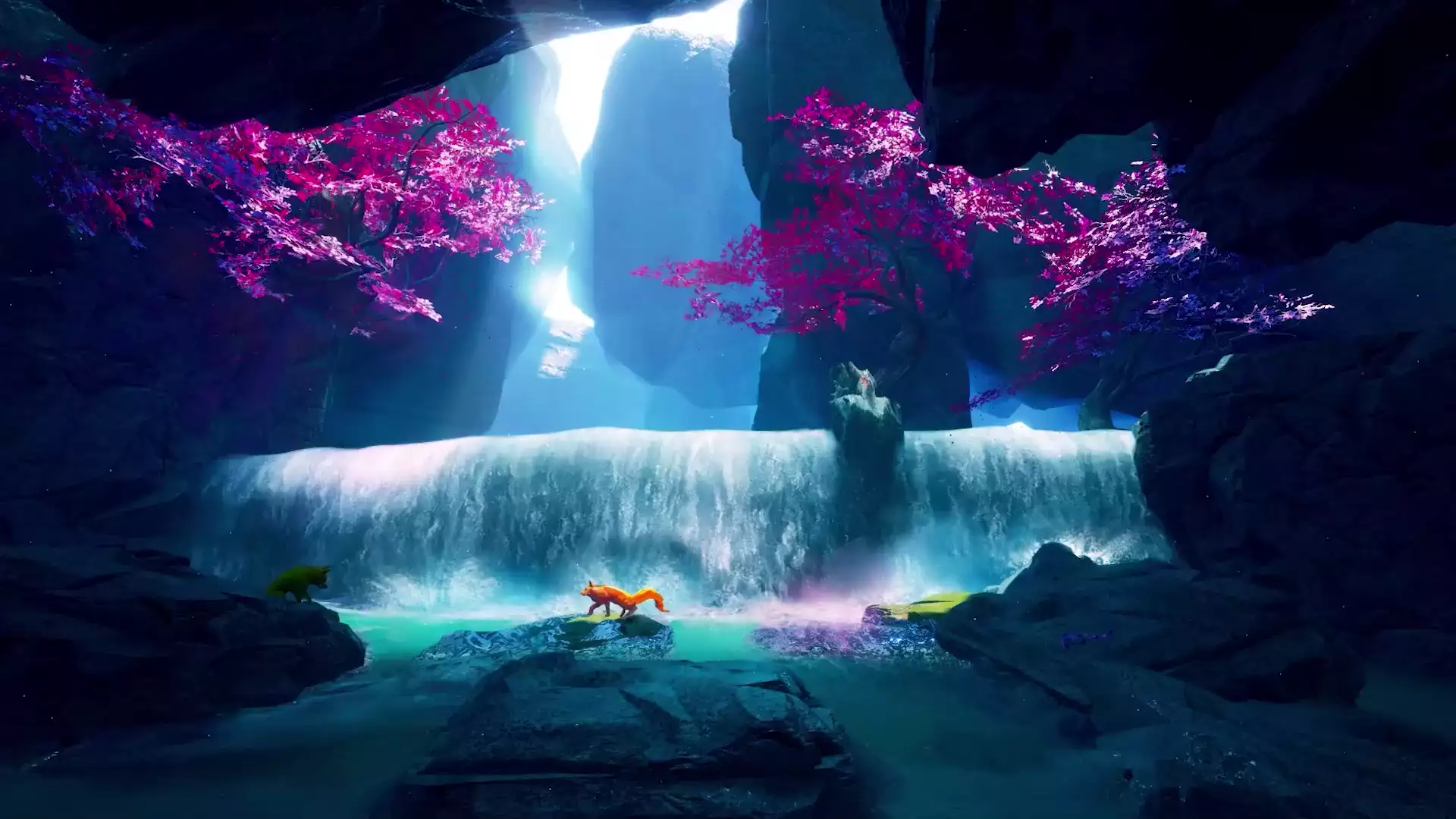 fox, arts, landscapes - nature, sakura, waterfall, animals Live Wallpaper