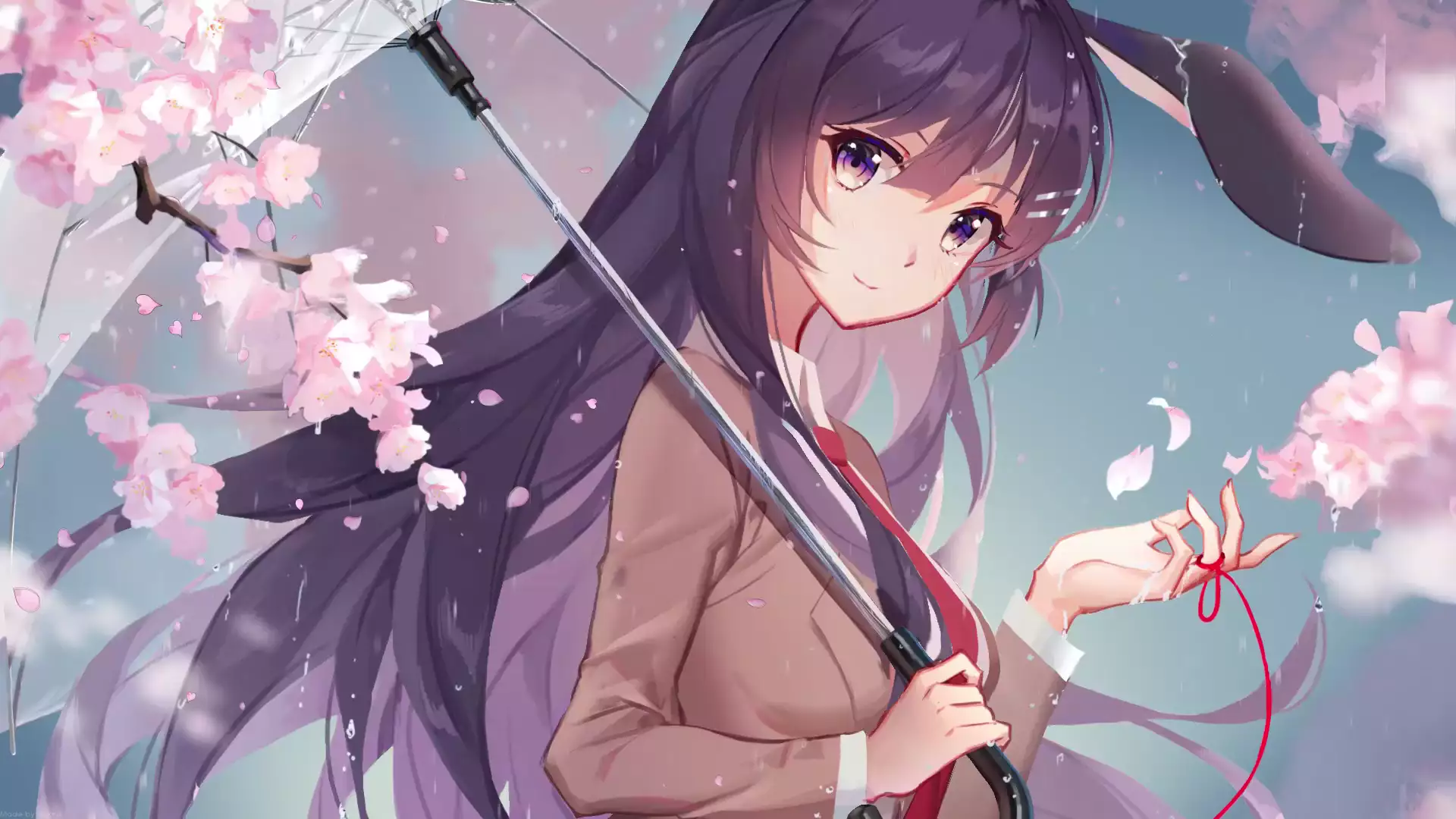 rascal does not dream of bunny girl senpai, petals, anime, umbrella, arts, mai sakurajima, school uniform, rain, anime girls, nice girl, beautiful girl, Live Wallpaper