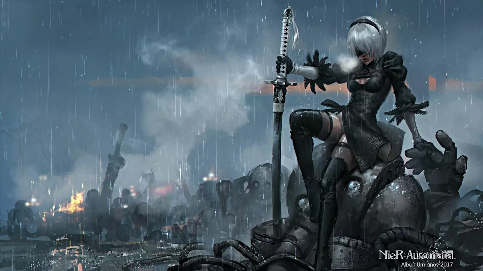 games, anime girls, robots, anime, nier:automata, yorha, arts, eye patch, katana, sword, evening, 2b, rain, android Live Wallpaper