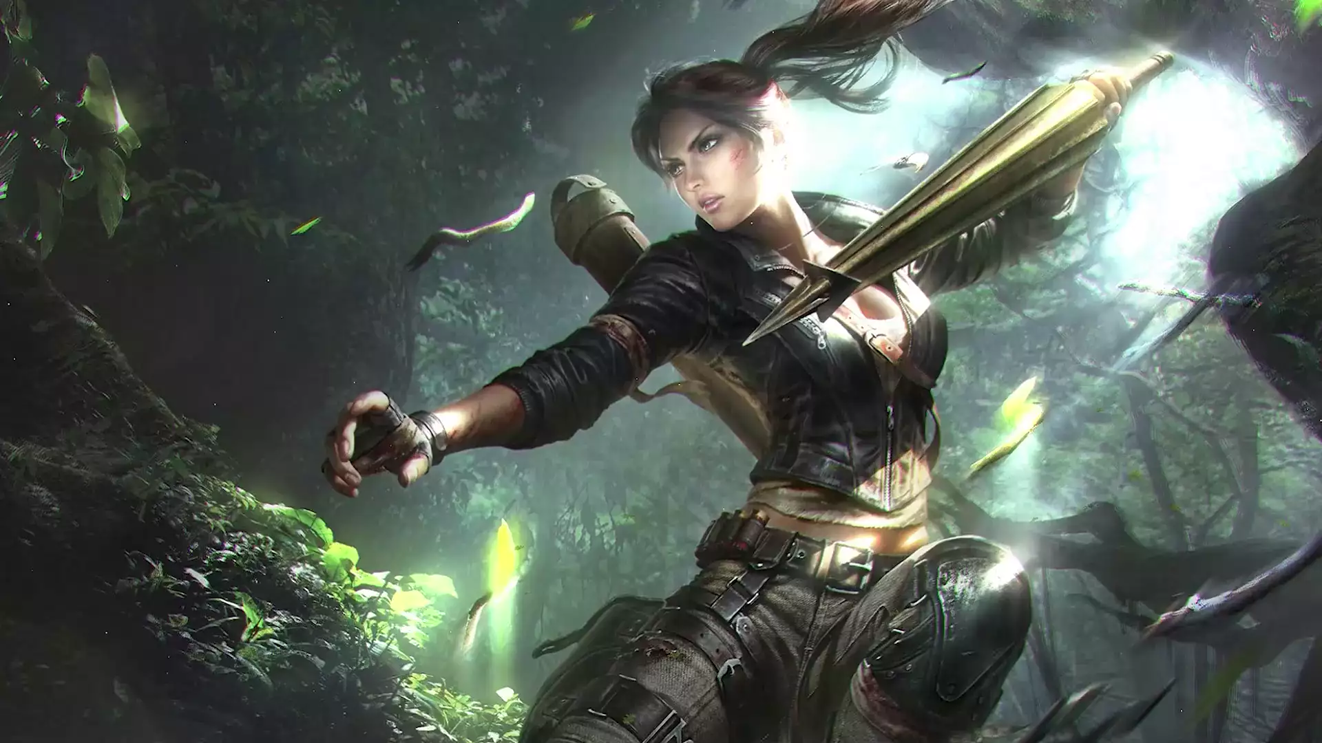 spear, arts, forest, lara croft, girls Live Wallpaper