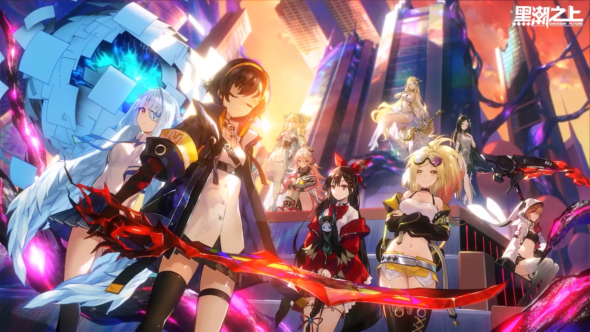 sword, arts, hakuro, elsa, stockings, cities, artio, unknown future, school uniform, isabella, games, mirai, scythe, saori, momoko, yao, anime girls, sumoya, Live Wallpaper