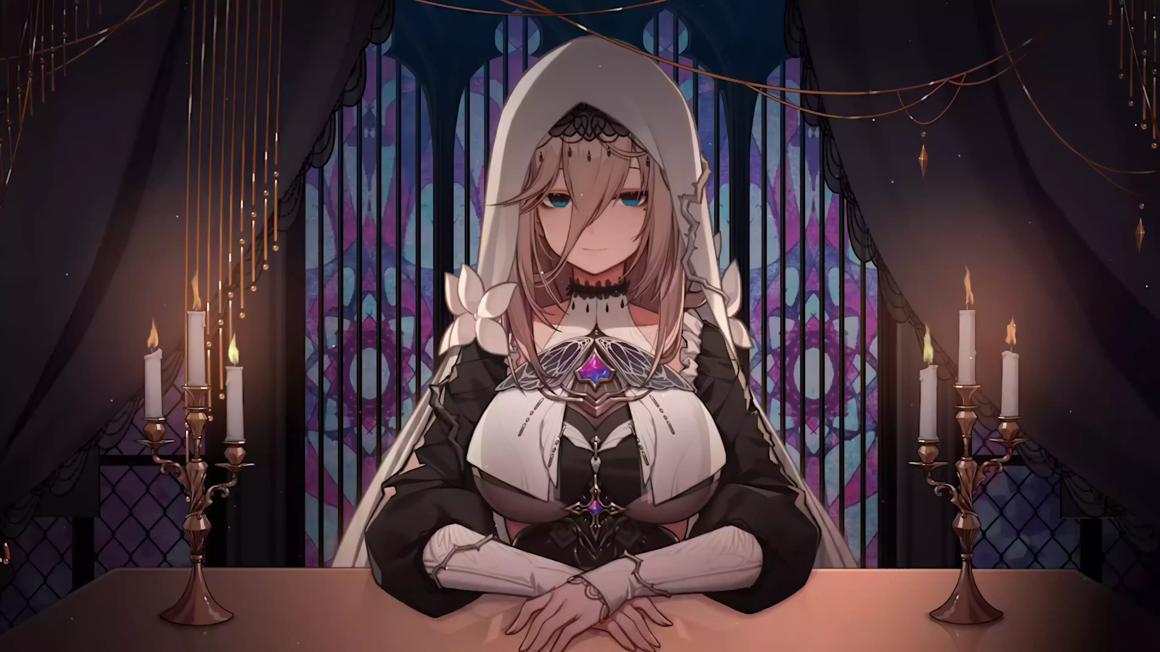 anime girls, games, arts, honkai impact, room, candles, big breasts, aponia, anime Live Wallpaper