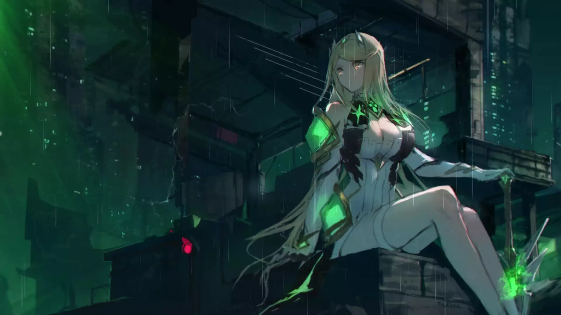 anime girls, games, cities, pyra, xenoblade chronicles 2, sword, anime, rain, arts, the city at night, big breasts, mythra Live Wallpaper