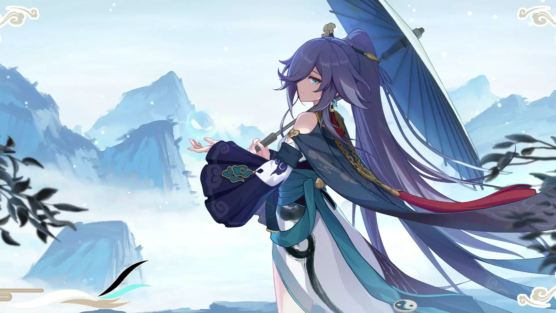 arts, games, snow, anime, umbrella, azure empyrea, anime girls, honkai impact, mountains, fu hua Live Wallpaper