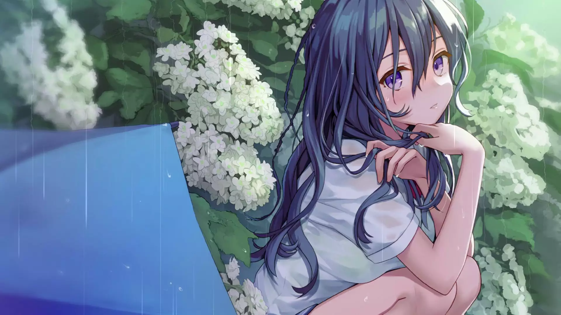 rain, anime, arts, anime girls, school uniform, flowers, umbrella Live Wallpaper