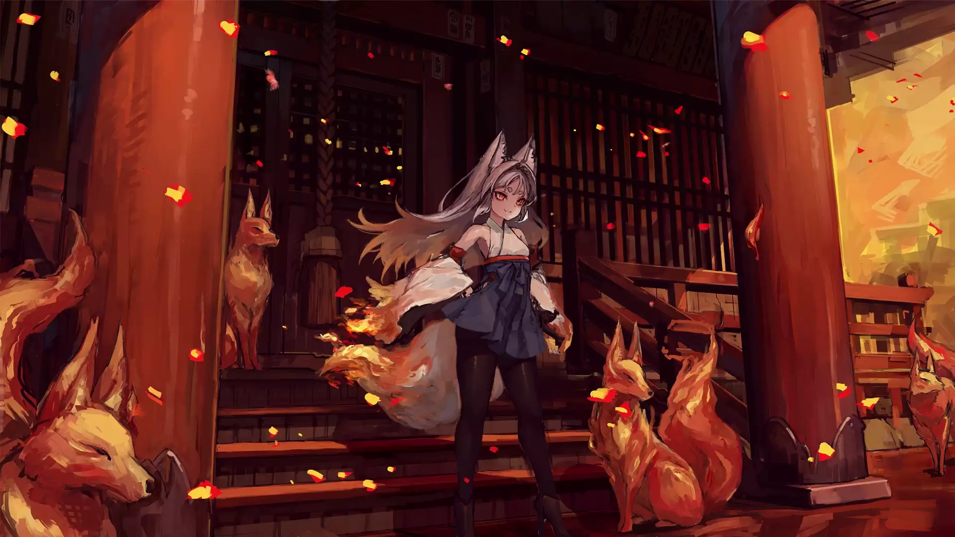 fox, anime girls, tights, anime, petals, ears, arts Live Wallpaper