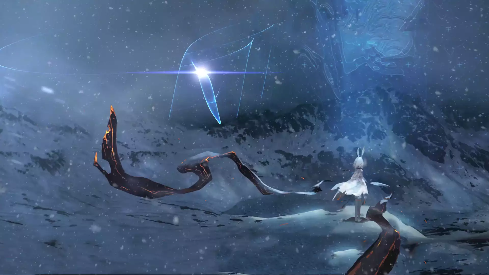 the storm, mountains, arts, anime girls, snow, frostnova, anime, ears, winter, arknights, games Live Wallpaper