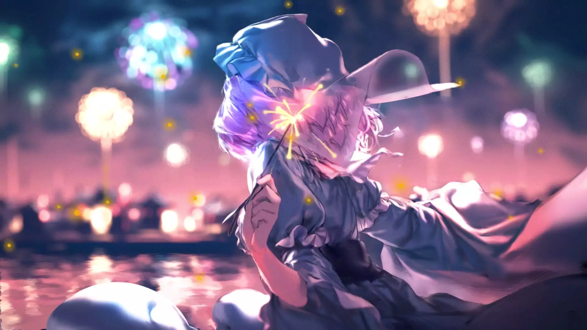 arts, anime, firework, a summer days dream, festival, yuyuko saigyoji, anime girls, holiday Live Wallpaper
