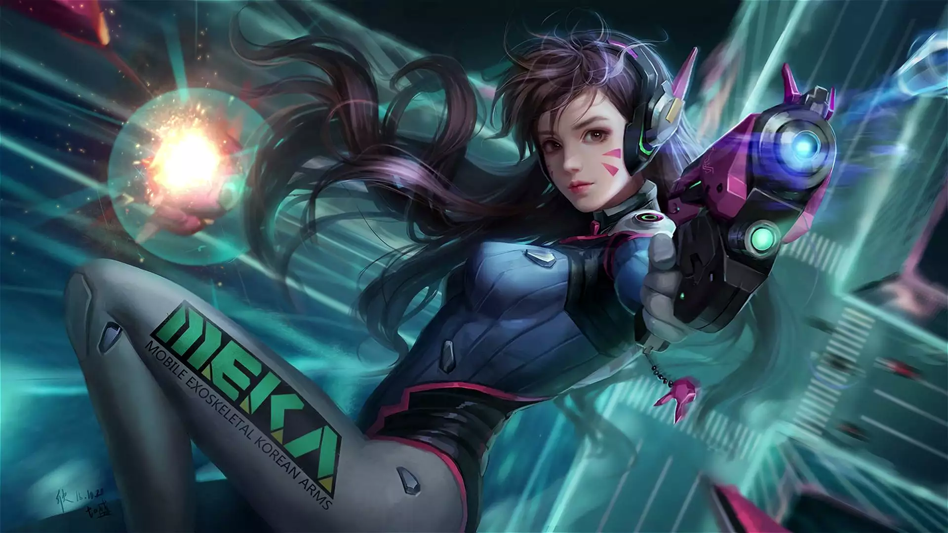 anime girls, weapon, a fall, d.va, cities, games, soaring, arts, overwatch, flying, weightlessness, diva, anime Live Wallpaper