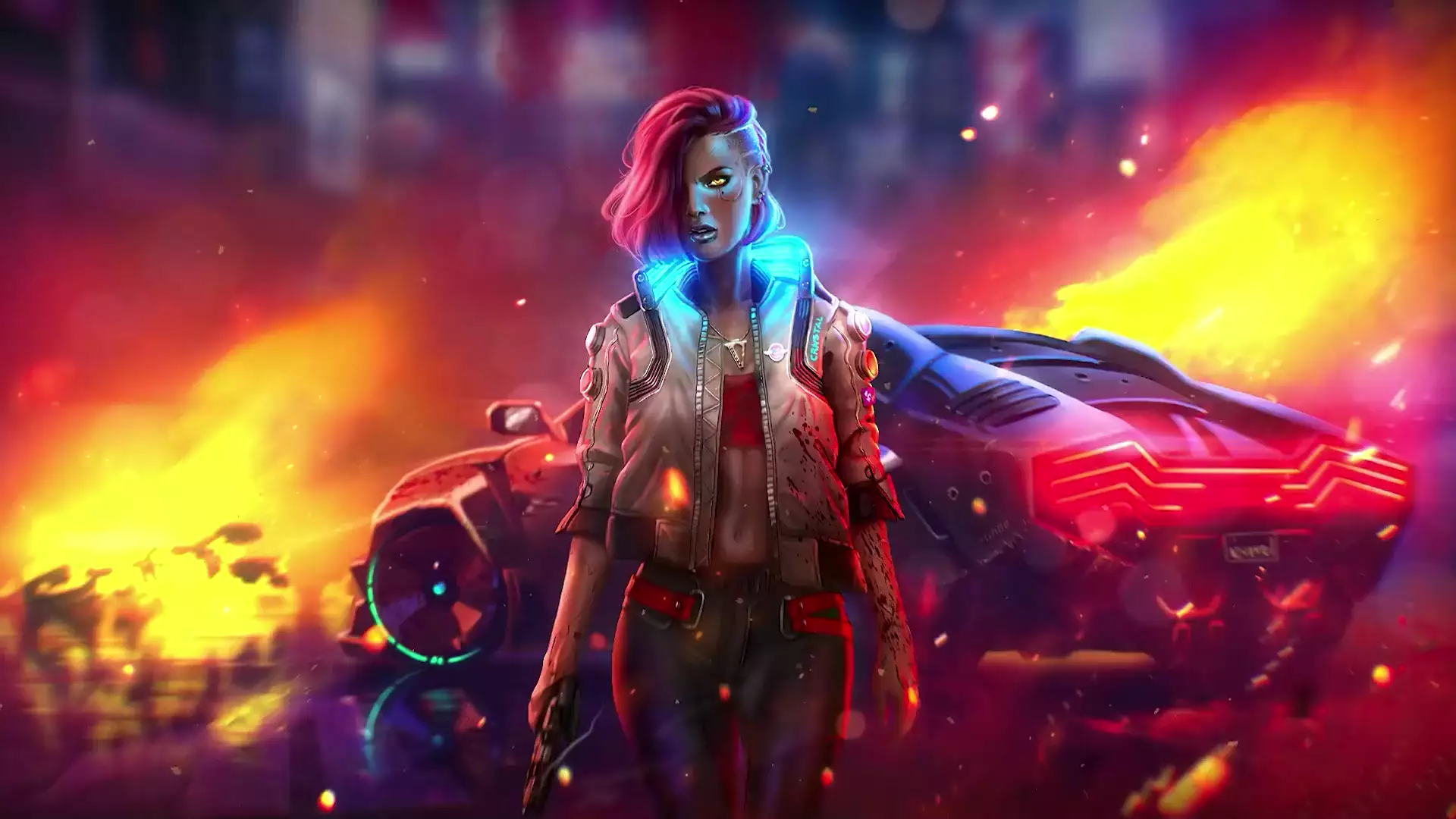 games, auto - moto, anime, vee, cyberpunk, arts, anime girls, weapon, fire Live Wallpaper
