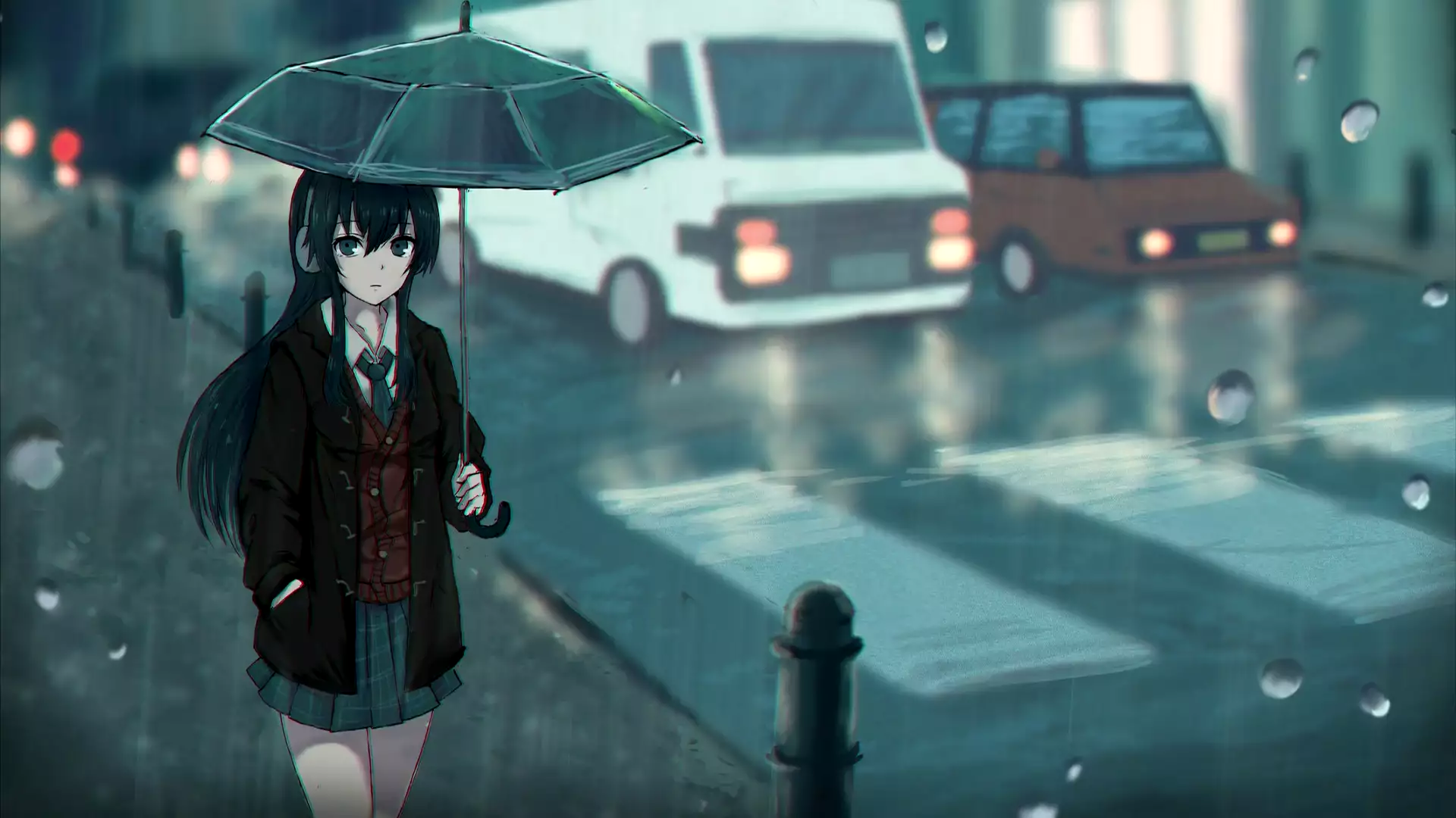 umbrella, rain, anime, headphones, road, arts, skirt, school uniform, anime girls Live Wallpaper