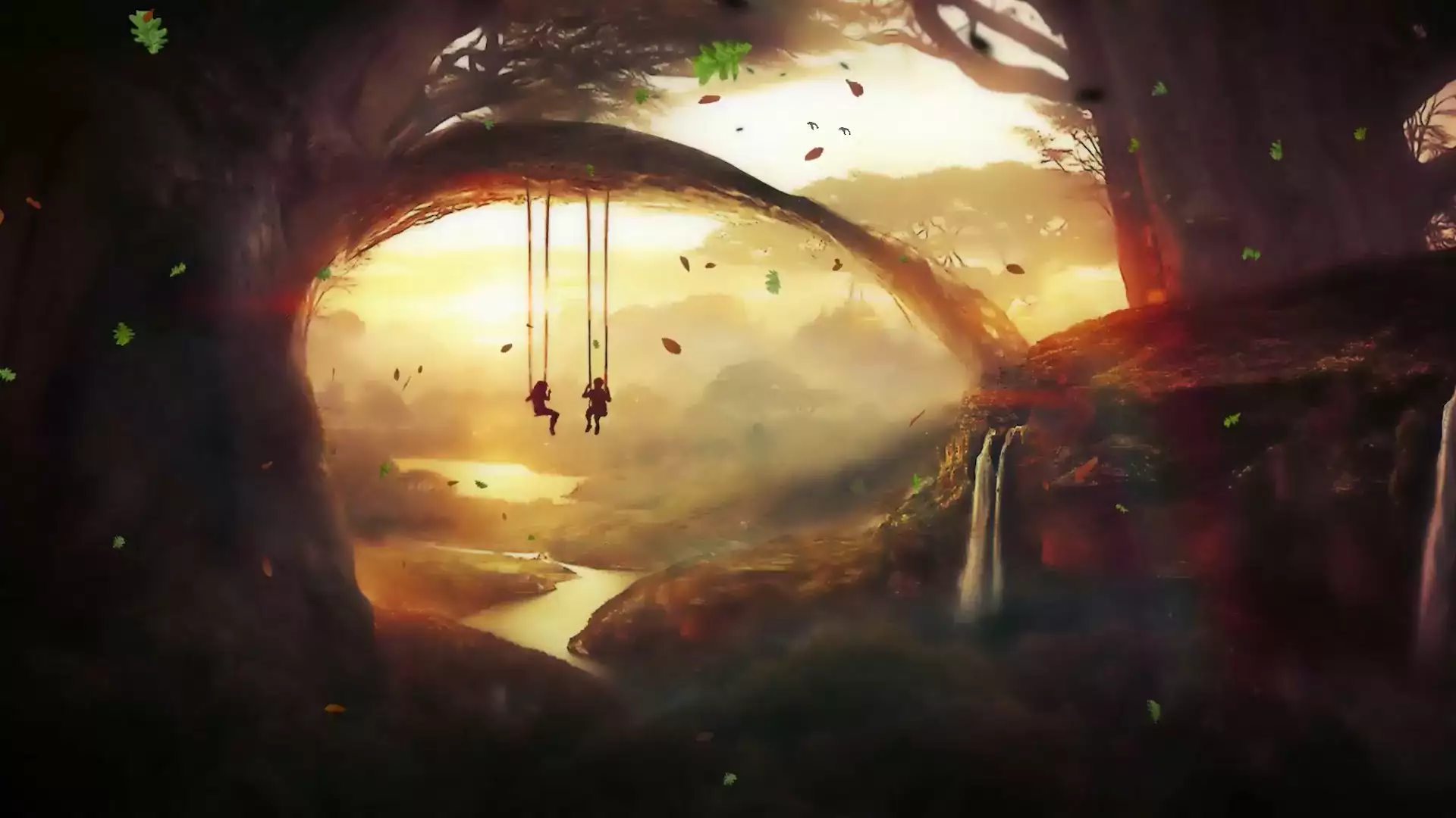 fantasy, arts, landscapes - nature, swing, river, sunset, children Live Wallpaper