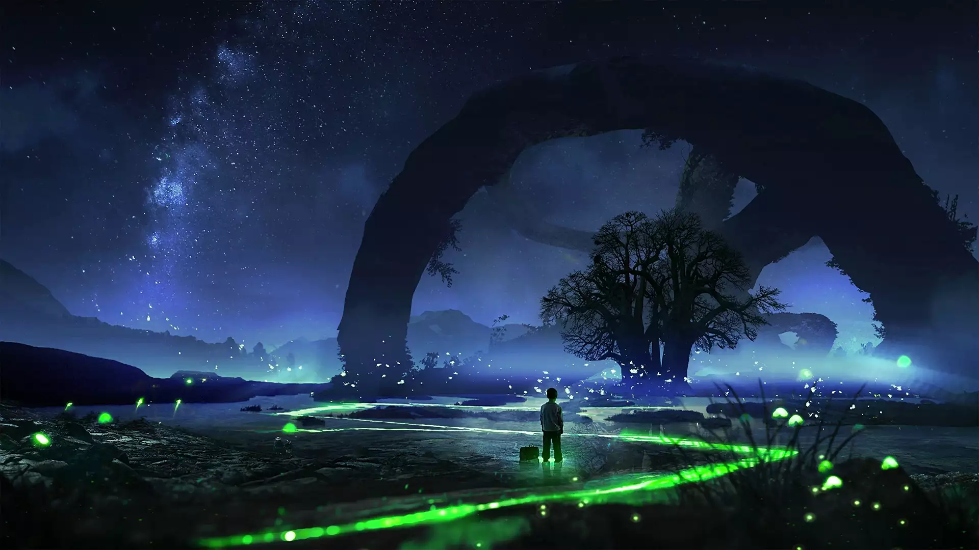 tree, river, neon, arts Live Wallpaper