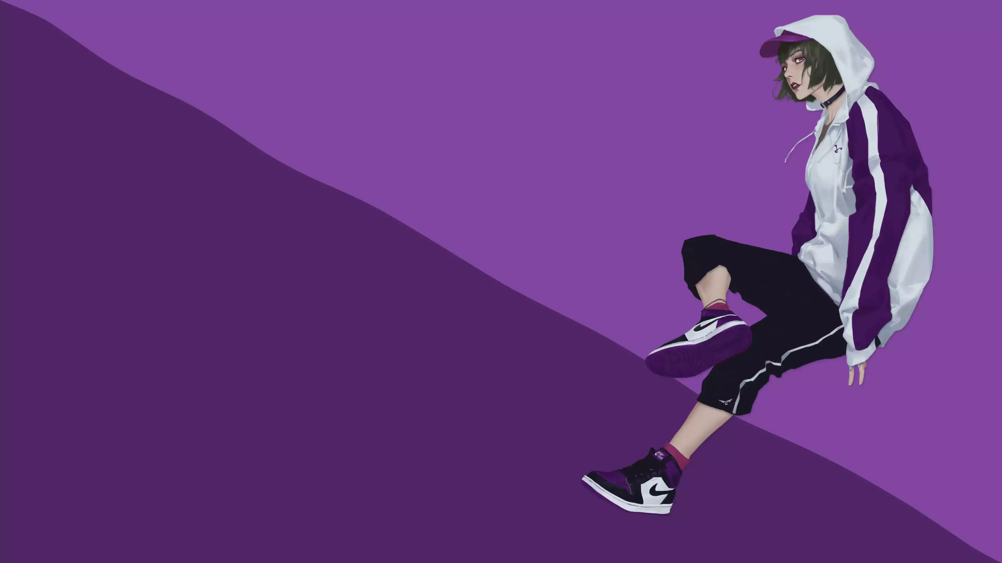 arts, anime girls, the girl in the hood, track suit, anime, cap Live Wallpaper