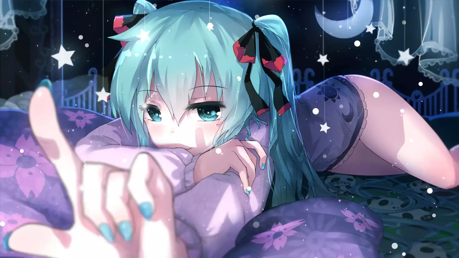 stars, arts, moon, anime, night, miku hatsune, virtual singer, anime girls Live Wallpaper