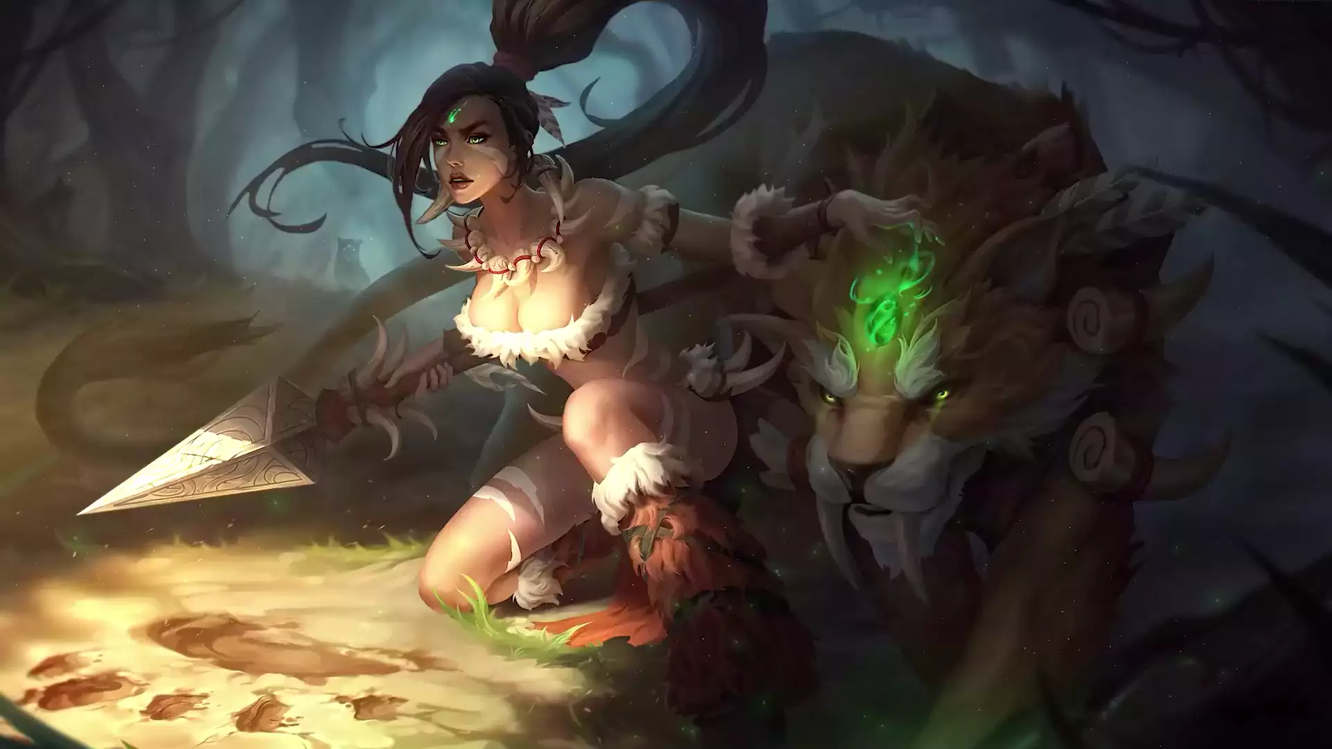 forest, spear, league of legends, animals, games, arts, lol, anime girls, anime, nidali, tiger Live Wallpaper