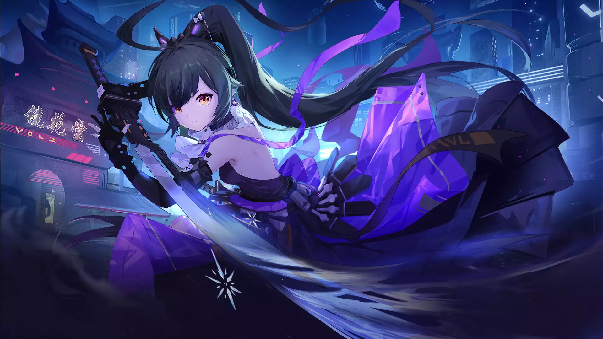 fantasy tower, cities, arts, anime girls, saki fuwa, anime, games, the city at night, sword, tower of fantasy Live Wallpaper