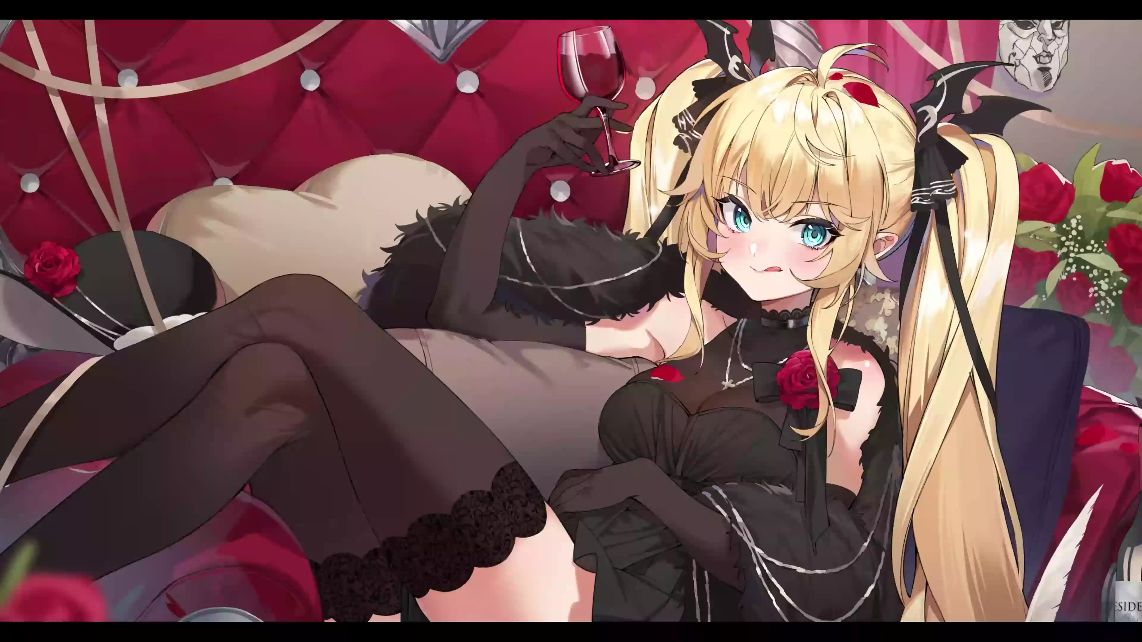 dress, flowers, roses, anime girls, wine, tongue, foot to foot, blue eyes, blond hair, anime, stockings, long hair, glass Live Wallpaper