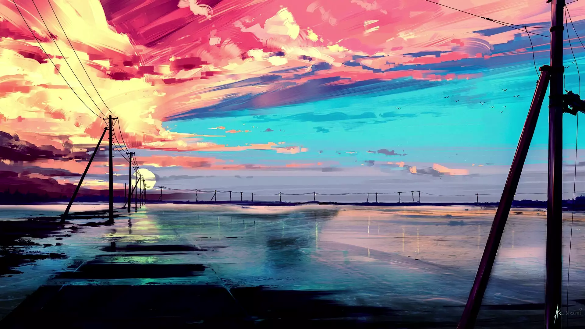 sunset, sky, arts, river, landscapes - nature, bird Live Wallpaper