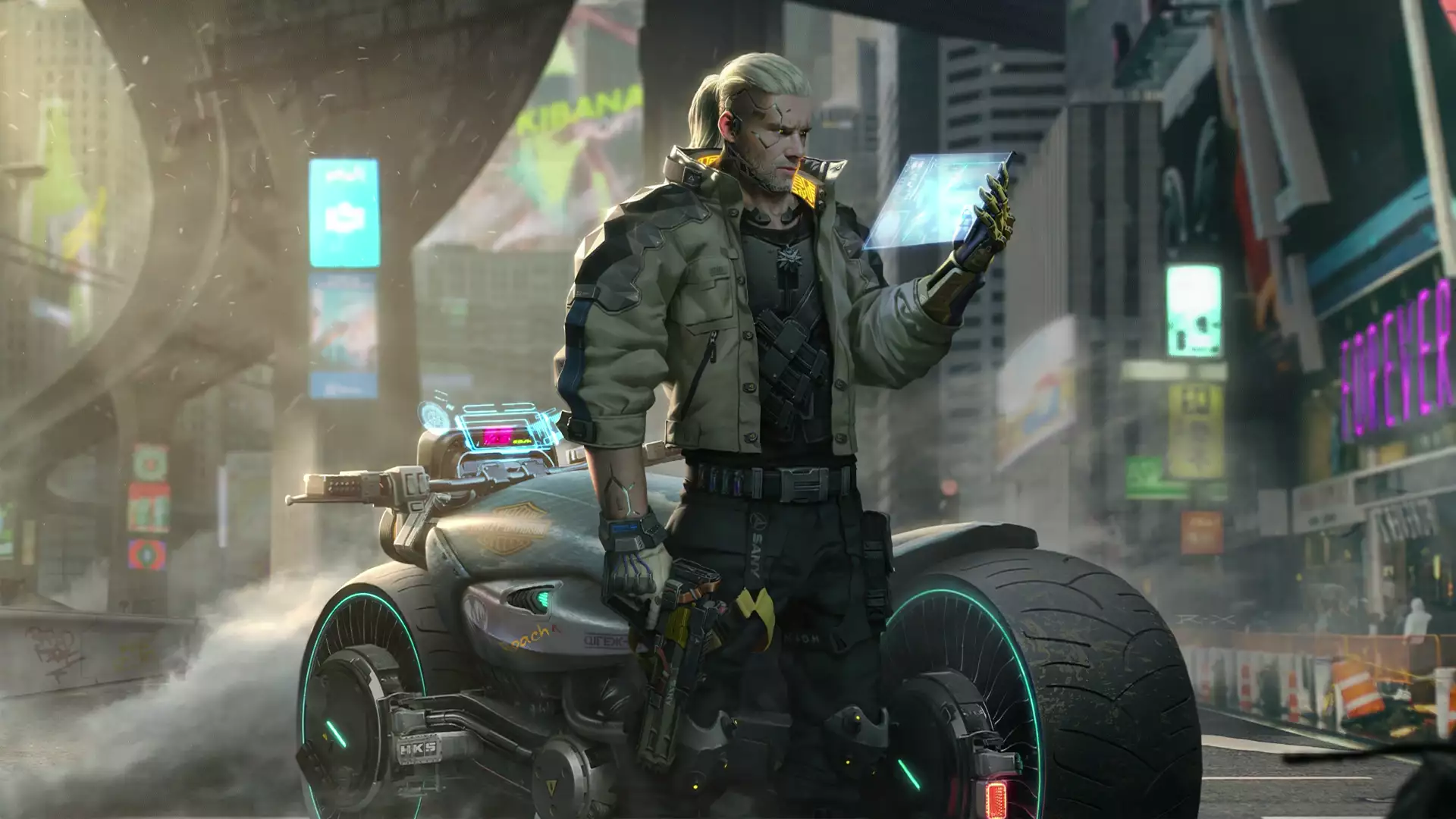 geralt of rivia, auto - moto, neon, geralt z rivii, arts, cyberpunk, games, weapon, cities Live Wallpaper