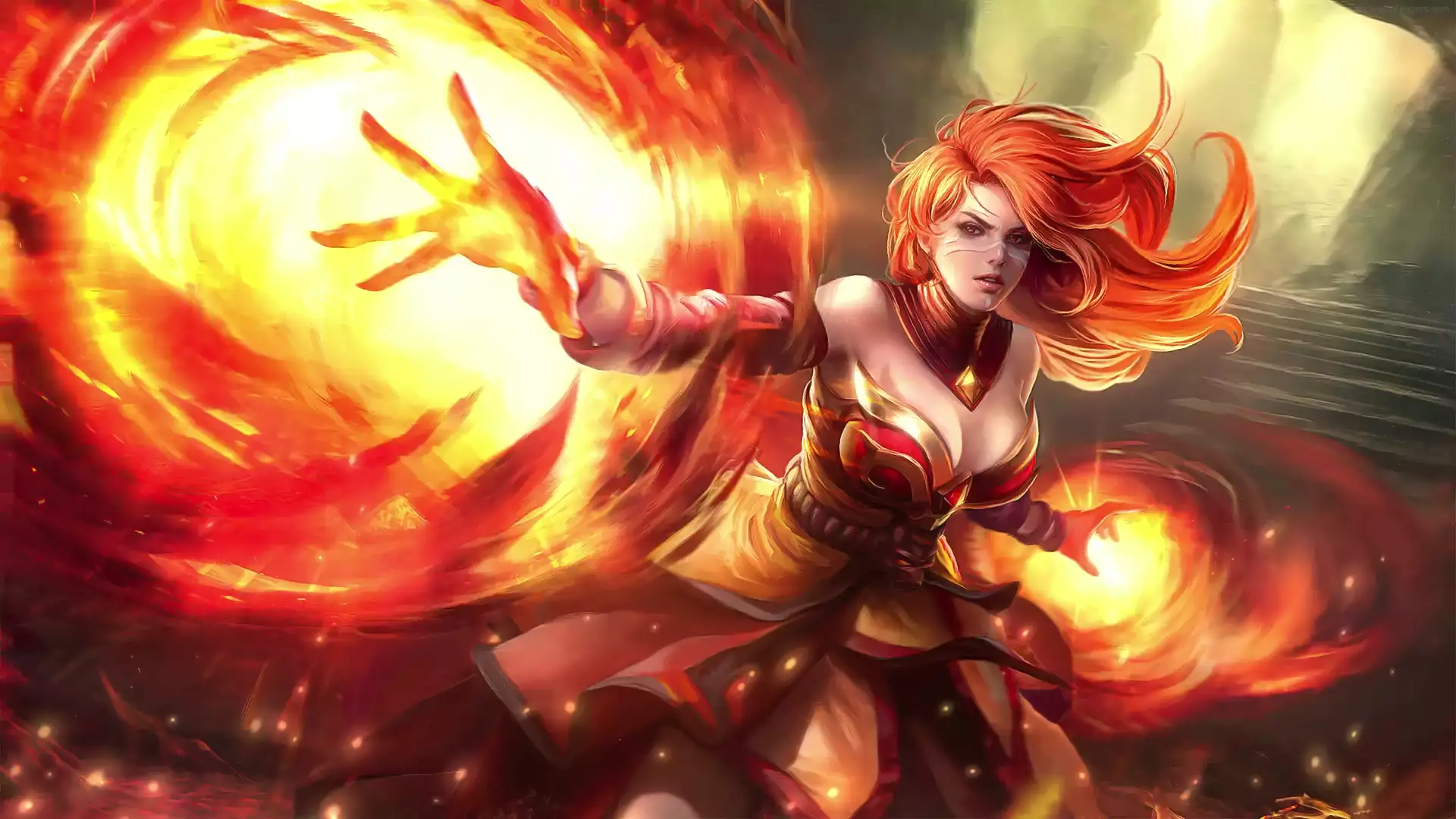 anime girls, arts, anime, dota, fire, games, beautiful girl, graphics, big breasts, lina Live Wallpaper