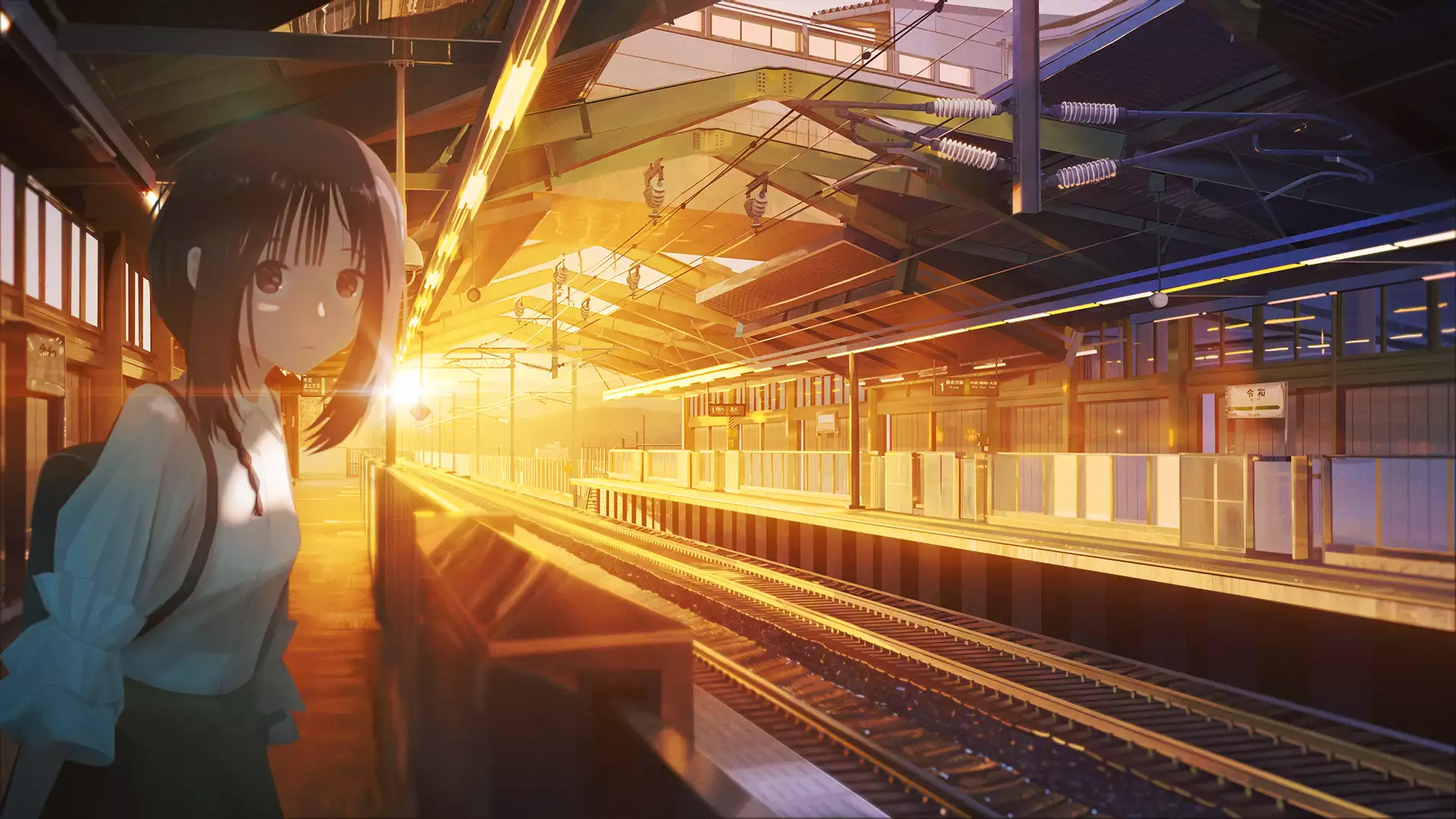 train station, anime girls, the rays of the sun, a train, school uniform, sunset, arts, anime, railway station Live Wallpaper