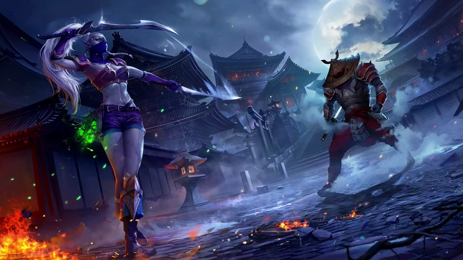 juggernaut wars, torii, japanese style, arts, games, anime, the elf alicia, katana, night, cities, sword, moon, full moon, the blade, anime girls Live Wallpaper