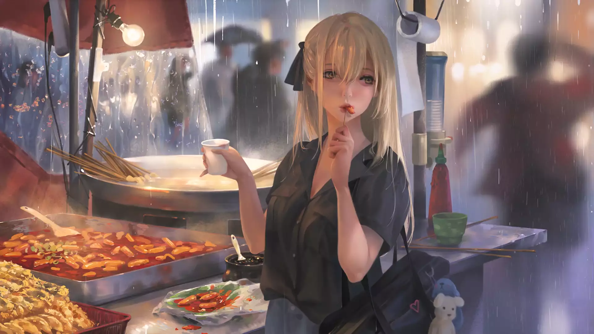 market, street diner, arts, a snack bar on the street, anime girls, anime Live Wallpaper