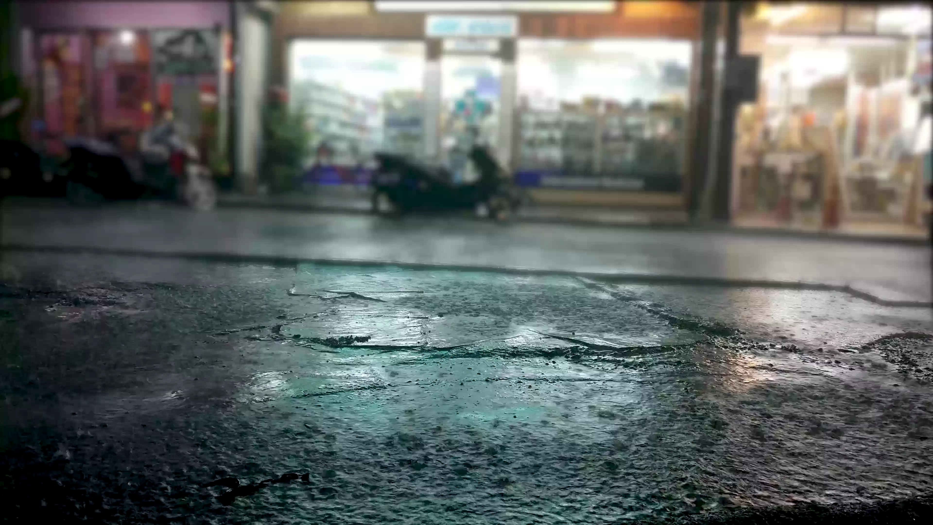 shop, cities, street, scooter, heavy rain, rain Live Wallpaper