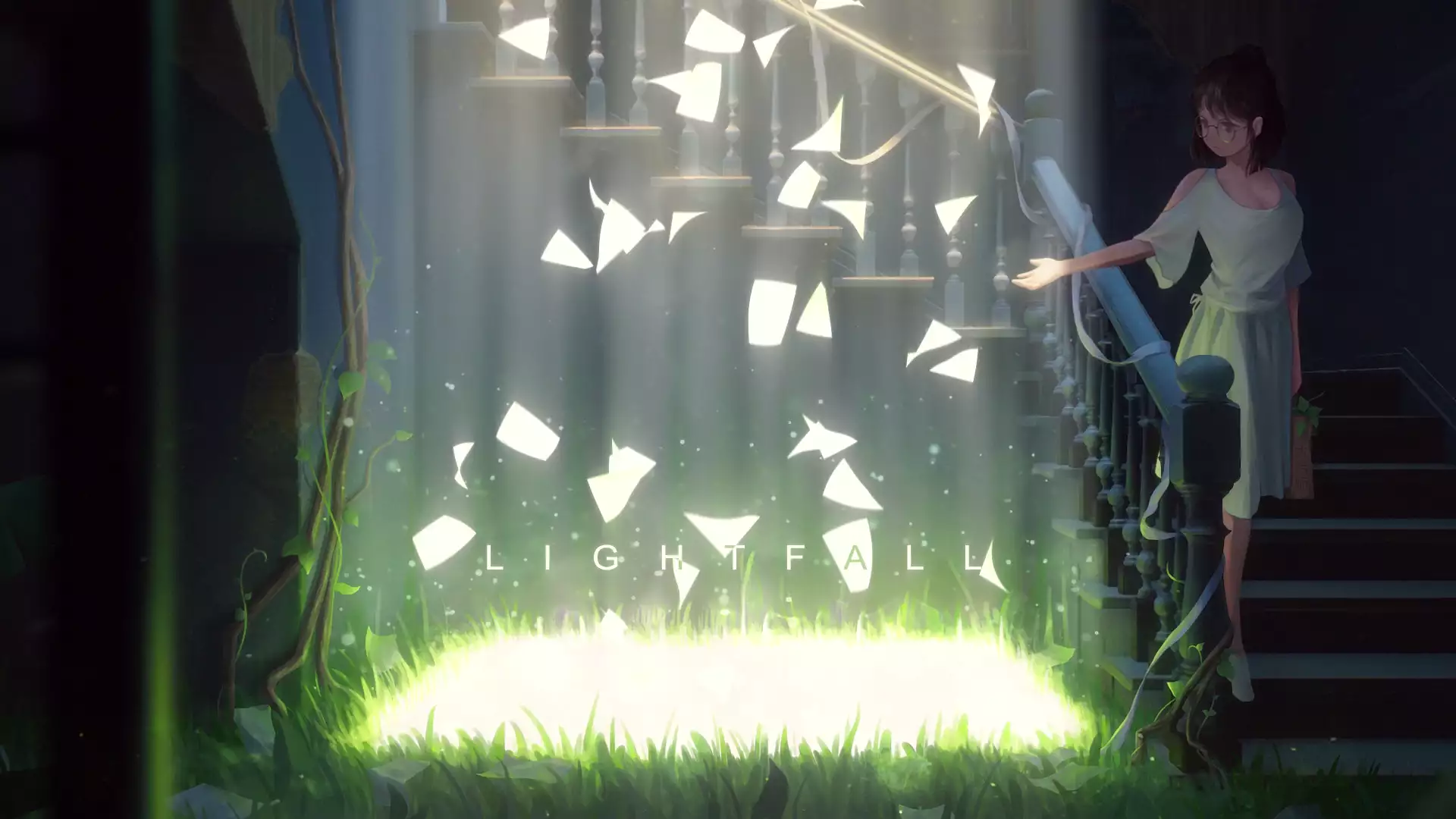 grass, nice girl, arts, cute girl, anime, ladder, anime girls Live Wallpaper