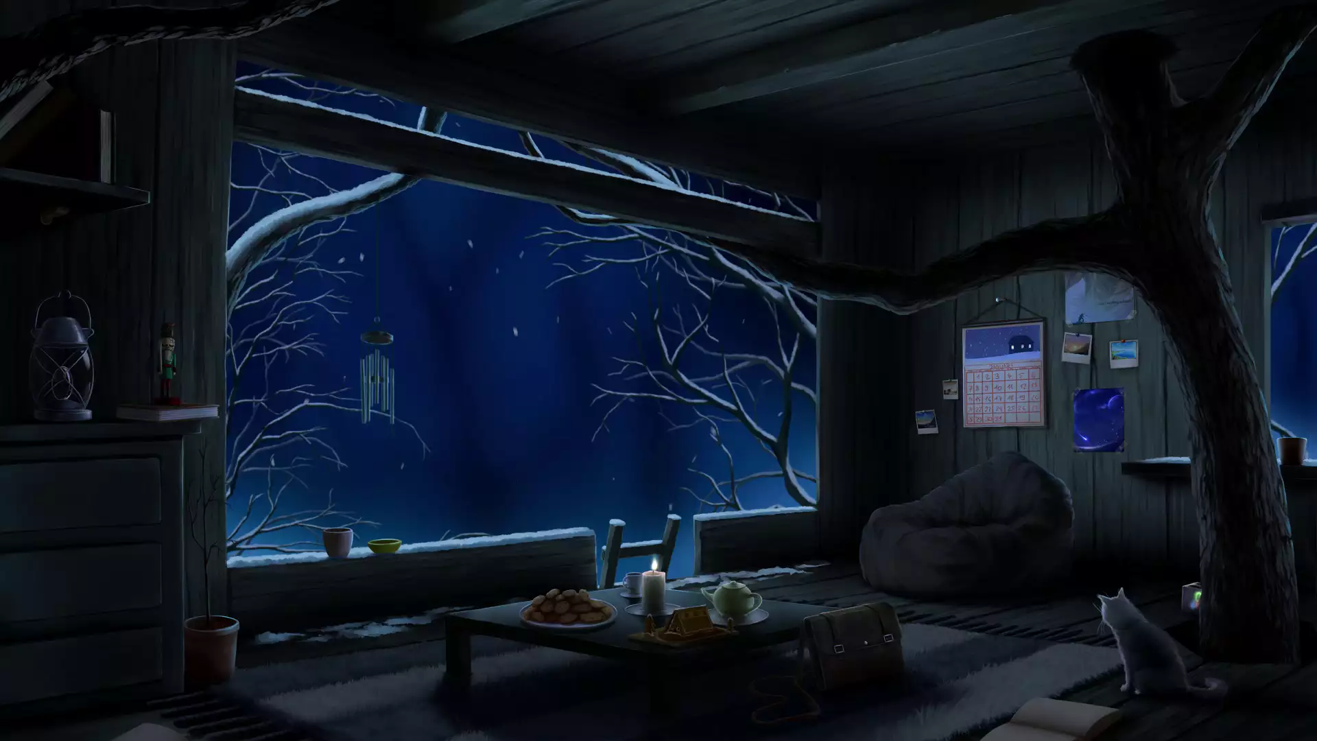 night, room, winter, tree house, snow, arts Live Wallpaper