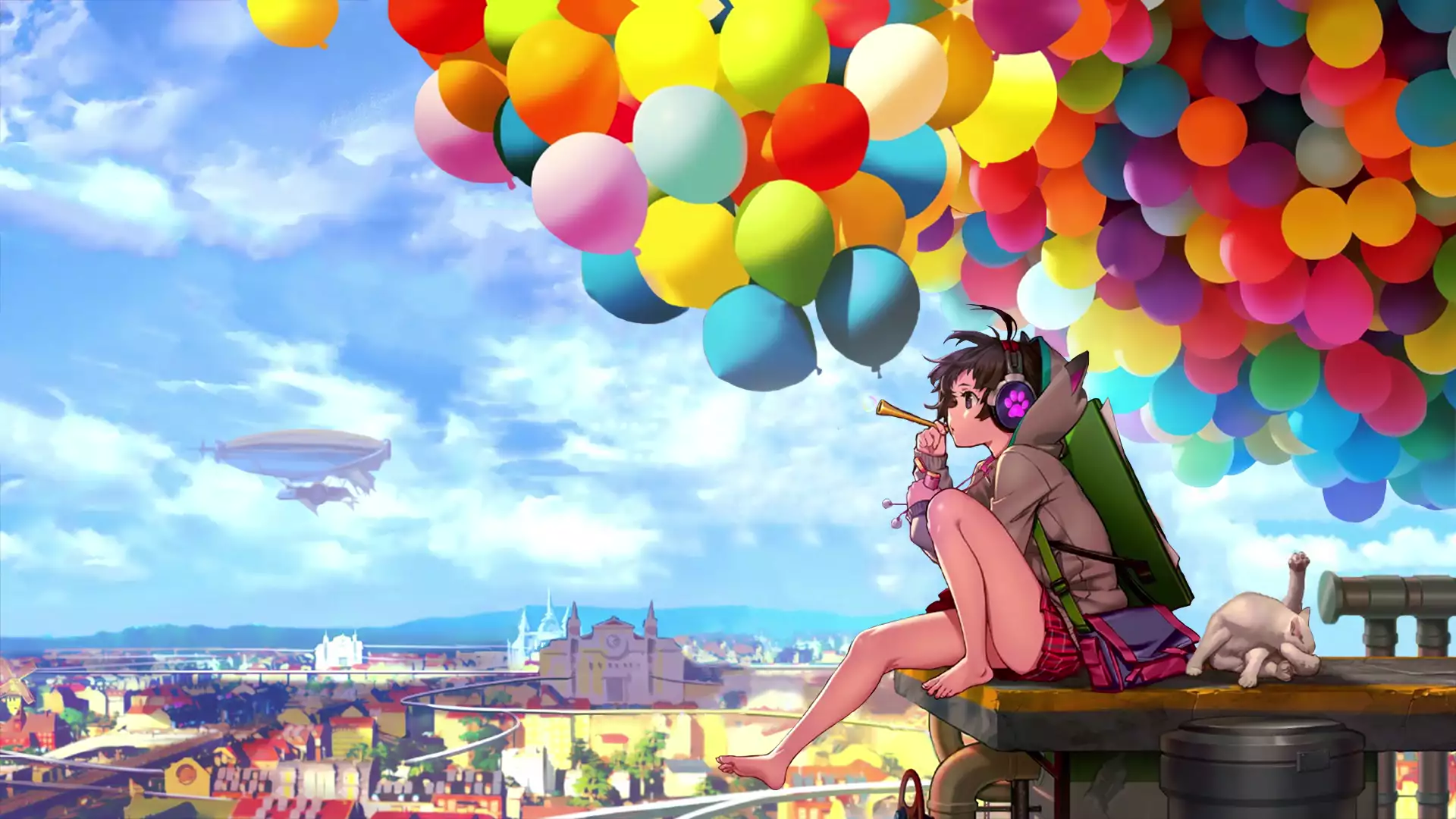 headphones, cat, skirt, airship, arts, balloons, bubbles, roof, anime girls, cities, anime, ball Live Wallpaper