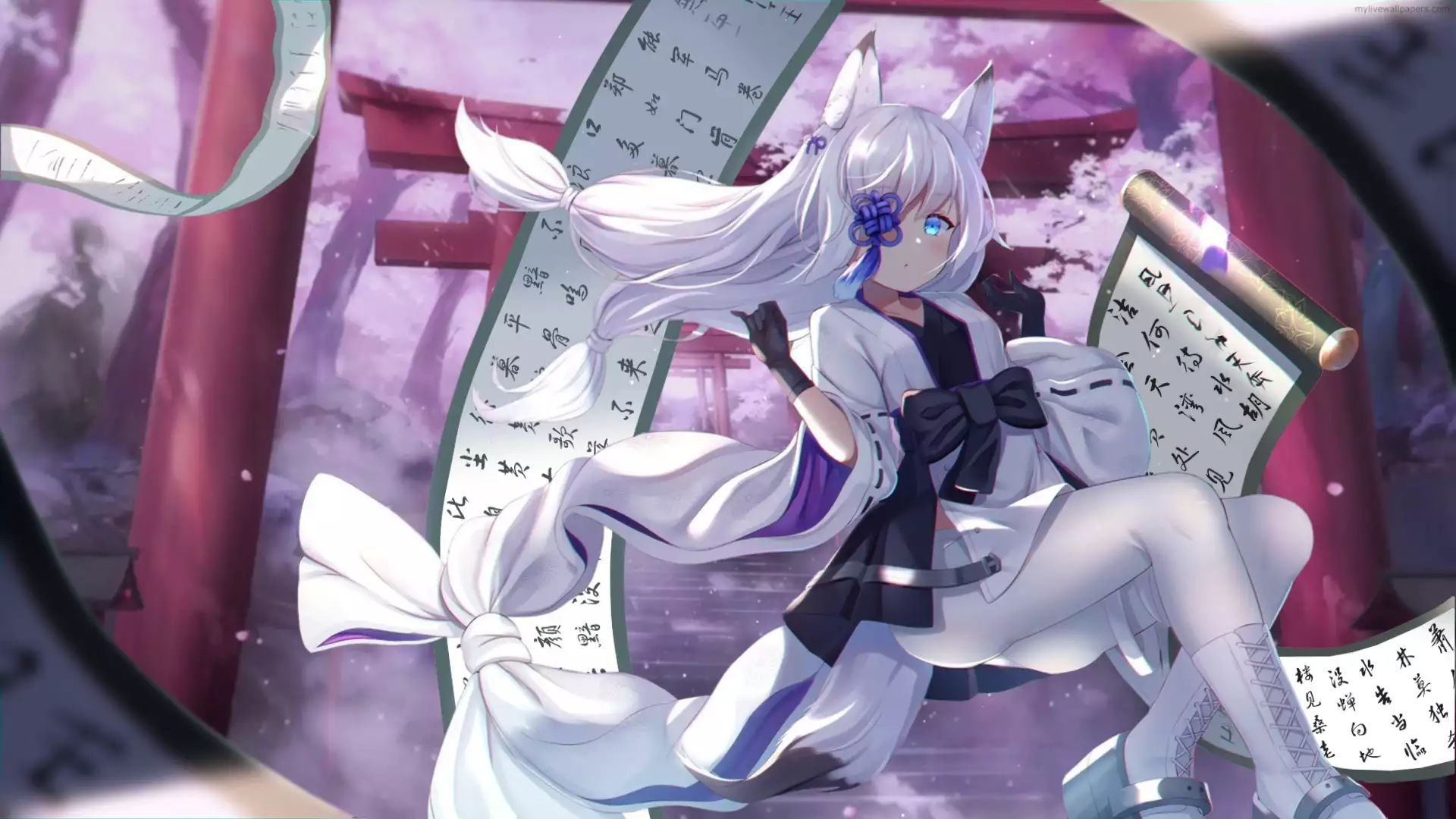 winter, kasumi, arts, anime girls, tights, scroll, torii, games, anime, tail, snow, gloves, the azure way, azur lane, ears Live Wallpaper