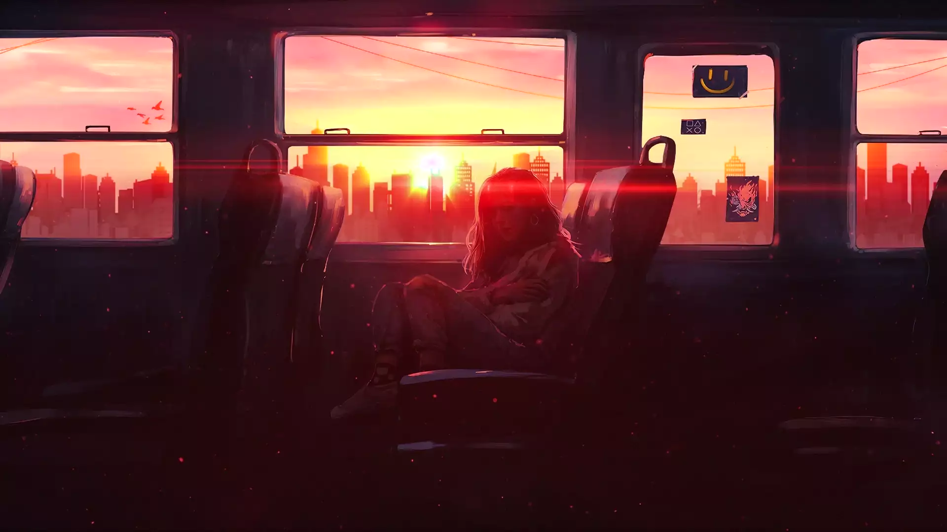 trip, train ride home, anime, the girl on the train, evening trip, sunset, evening, anime girls, by the window, girls, the city from the window, arts Live Wallpaper