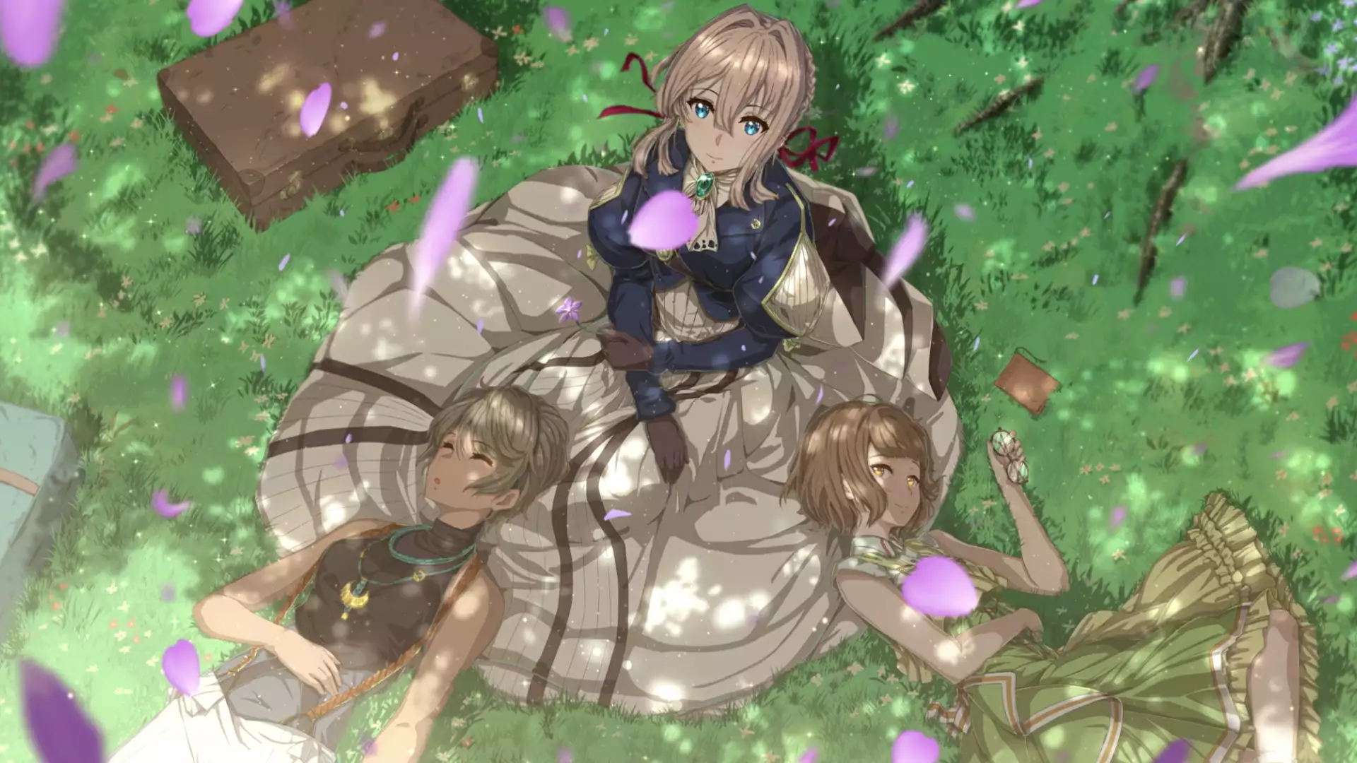 anime, violet, erica brown, dress, violet evergarden, rest, petals, iris kannari, glasses, flower, gloves, anime girls, arts, nice girl Live Wallpaper
