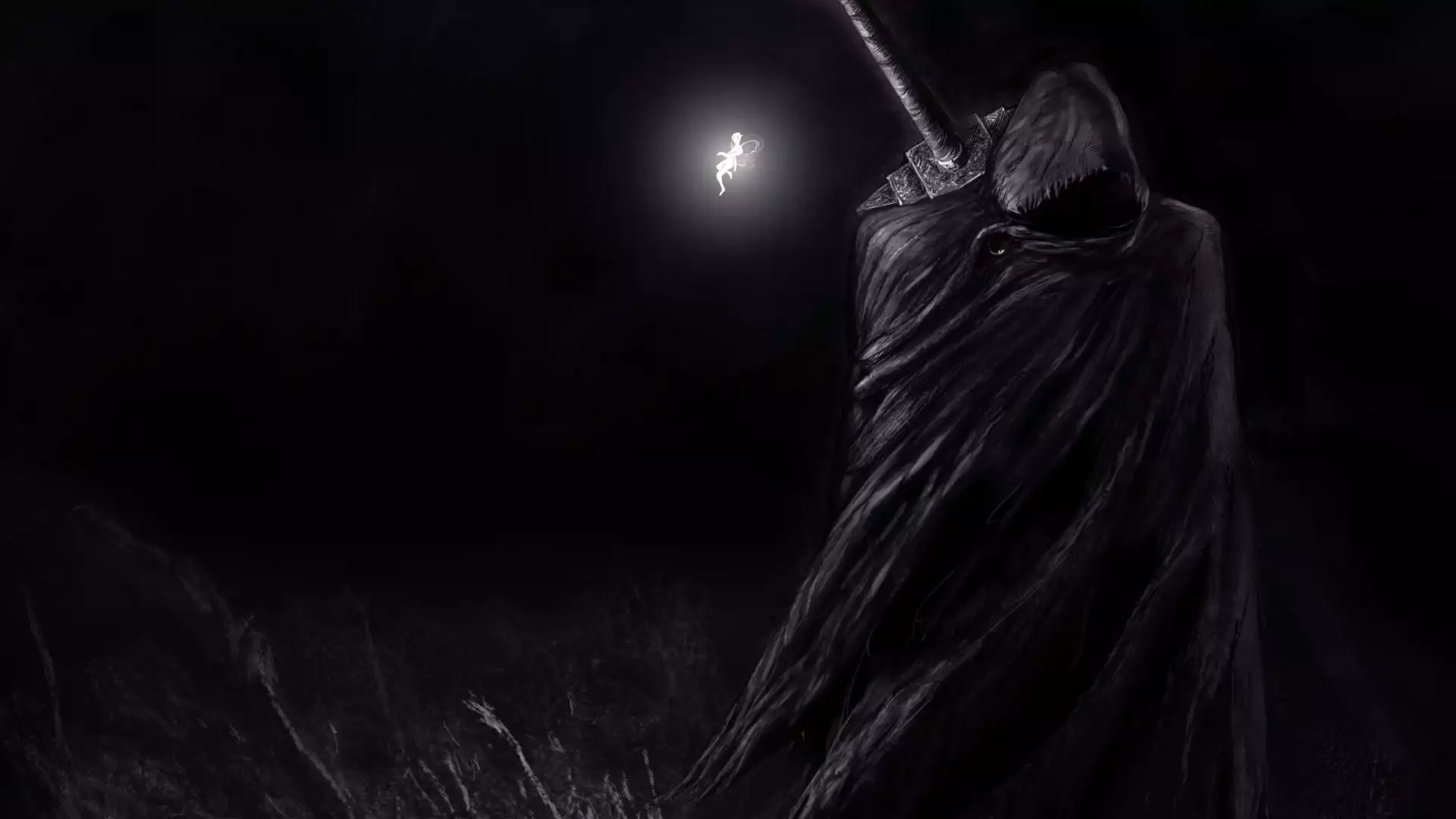berserk, raincoat, anime, cape, sword, black background, fairy, arts Live Wallpaper