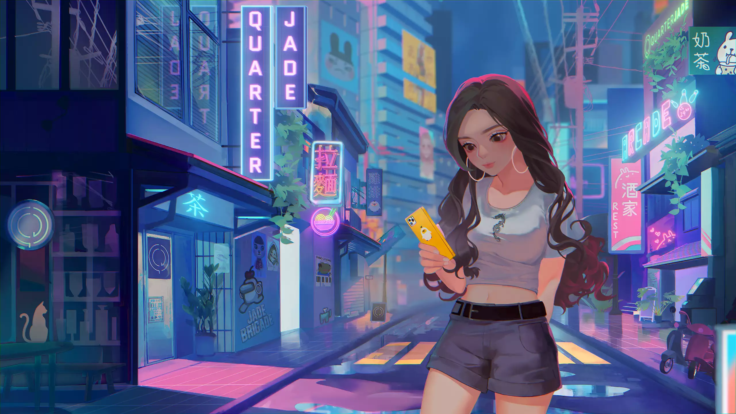 street, beautiful girl, anime, smile, smartphone, arts, anime girls, nice girl, cities Live Wallpaper