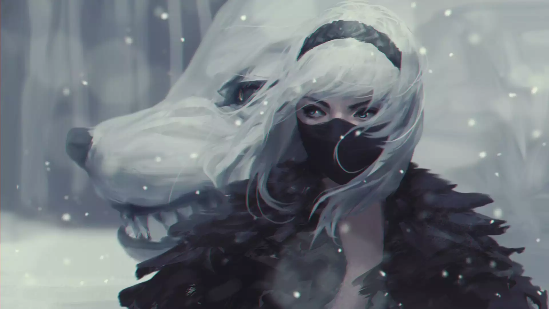guweiz, the white wolf, anime girls, nice girl, beautiful girl, anime, fangs, arts Live Wallpaper