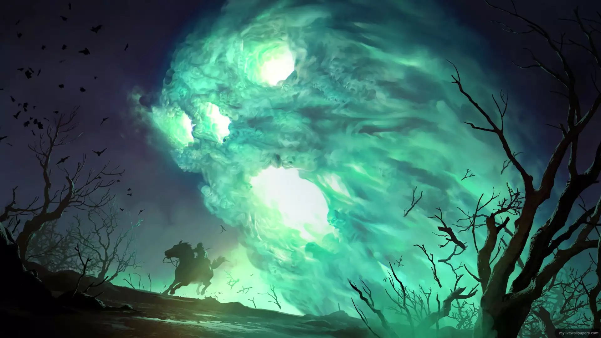 fantasy, gloomy forest, mist of souls, arts, dead forest Live Wallpaper