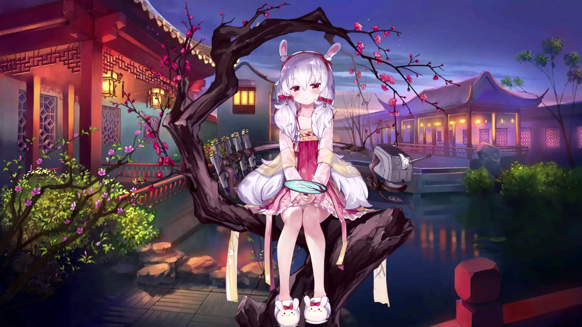 tree, japanese style, azur lane, cute girl, games, nice girl, lake, sakura, the azure way, anime girls, anime, ears, laffey, laffy, arts, evening Live Wallpaper