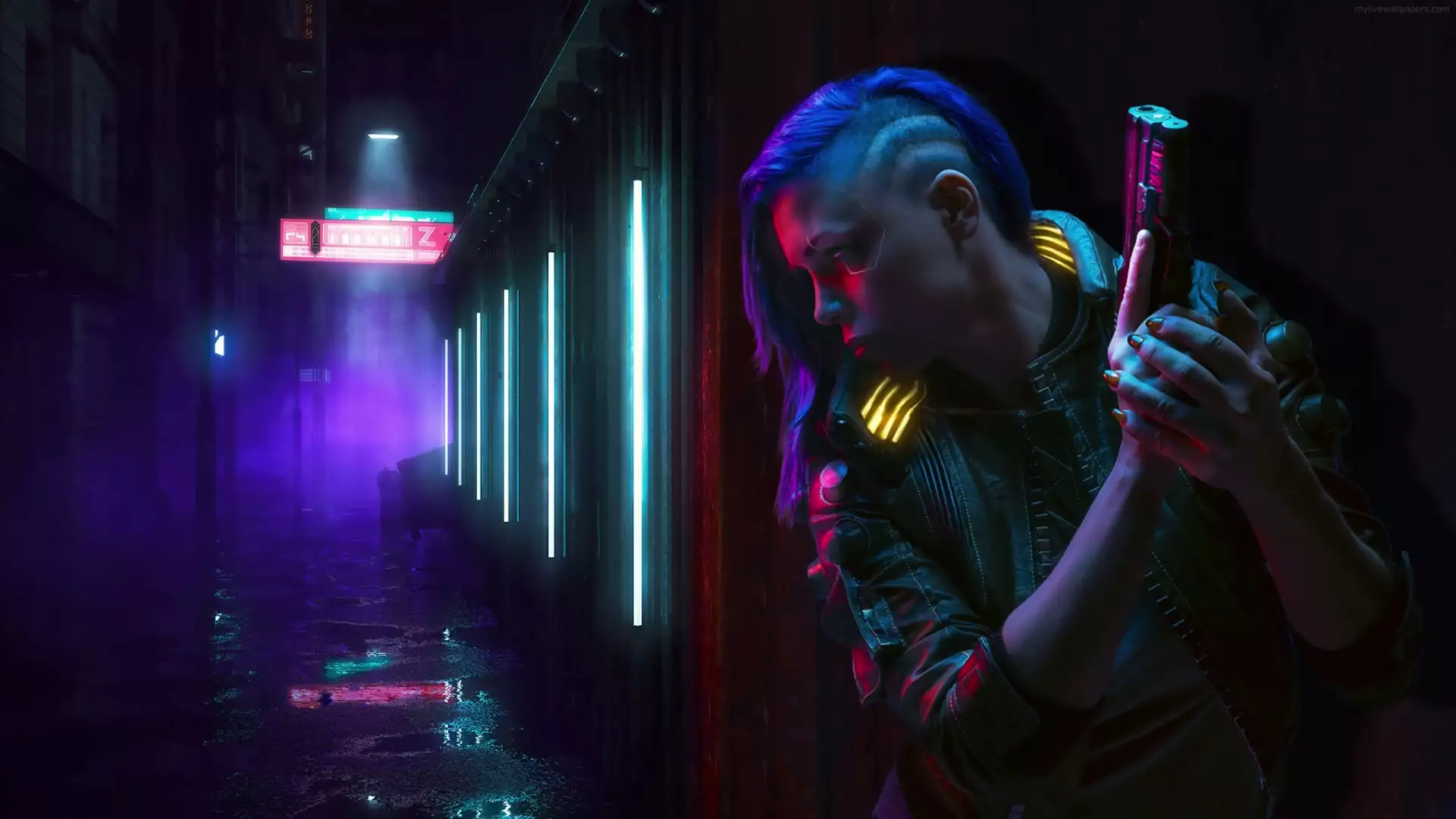 alley, games, cities, judy alvarez, judy alvarez, weapon, neon, street, cyberpunk Live Wallpaper
