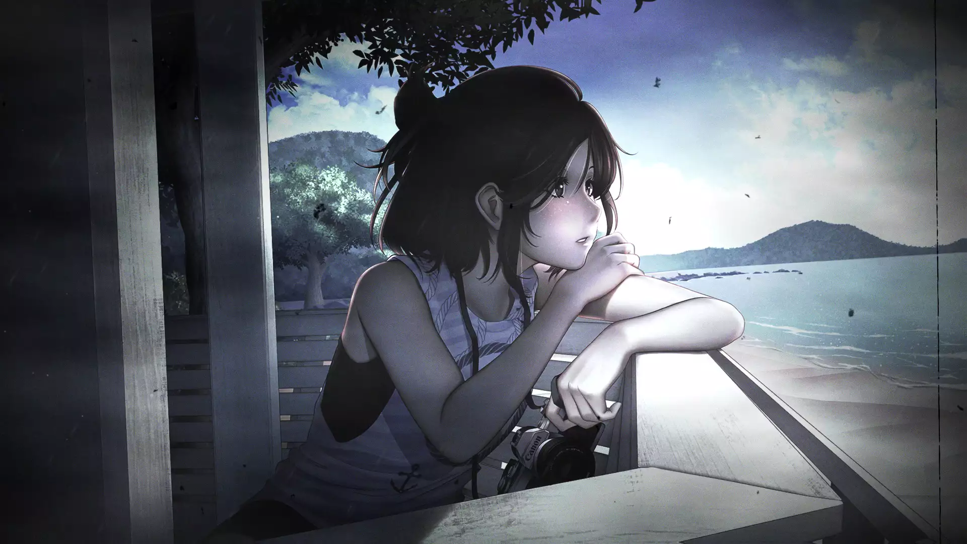 photo camera, beach, pavilion, anime, arts, sea, rain, anime girls Live Wallpaper