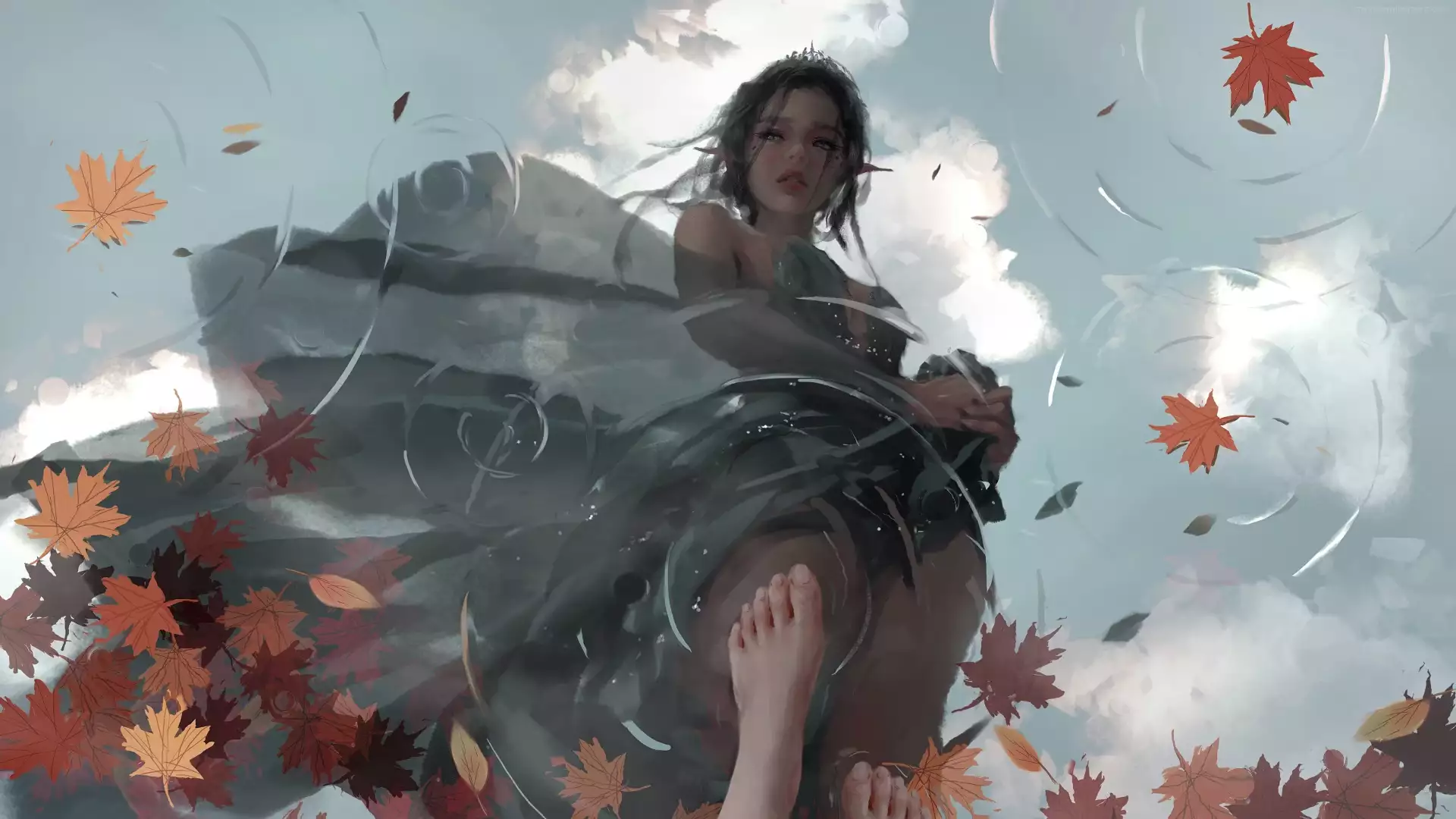 arts, anime girls, reflection, rain, elf, autumn leaves, wlop, water, anime Live Wallpaper